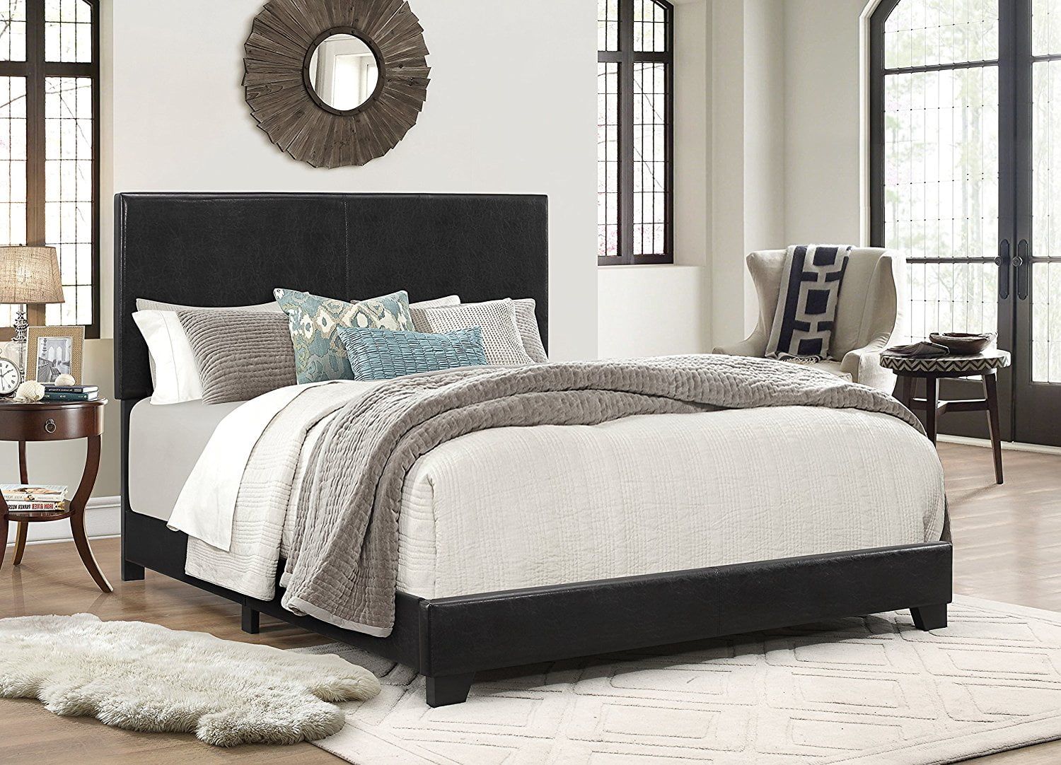 Sleek Modern Queen Platform Bed with Padded Headboard in Black Faux Leather