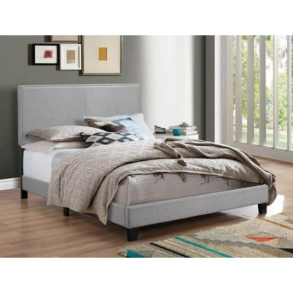 Transitional Grey Upholstered Full Bed with Nailhead Trim