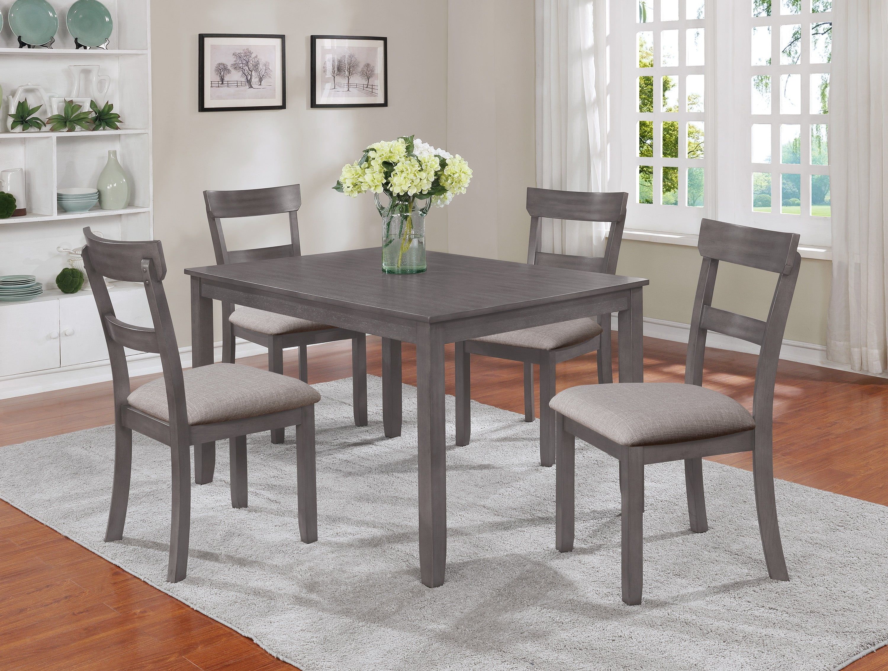 Gray Wood 5-Piece Dining Set with Padded Linen Chairs