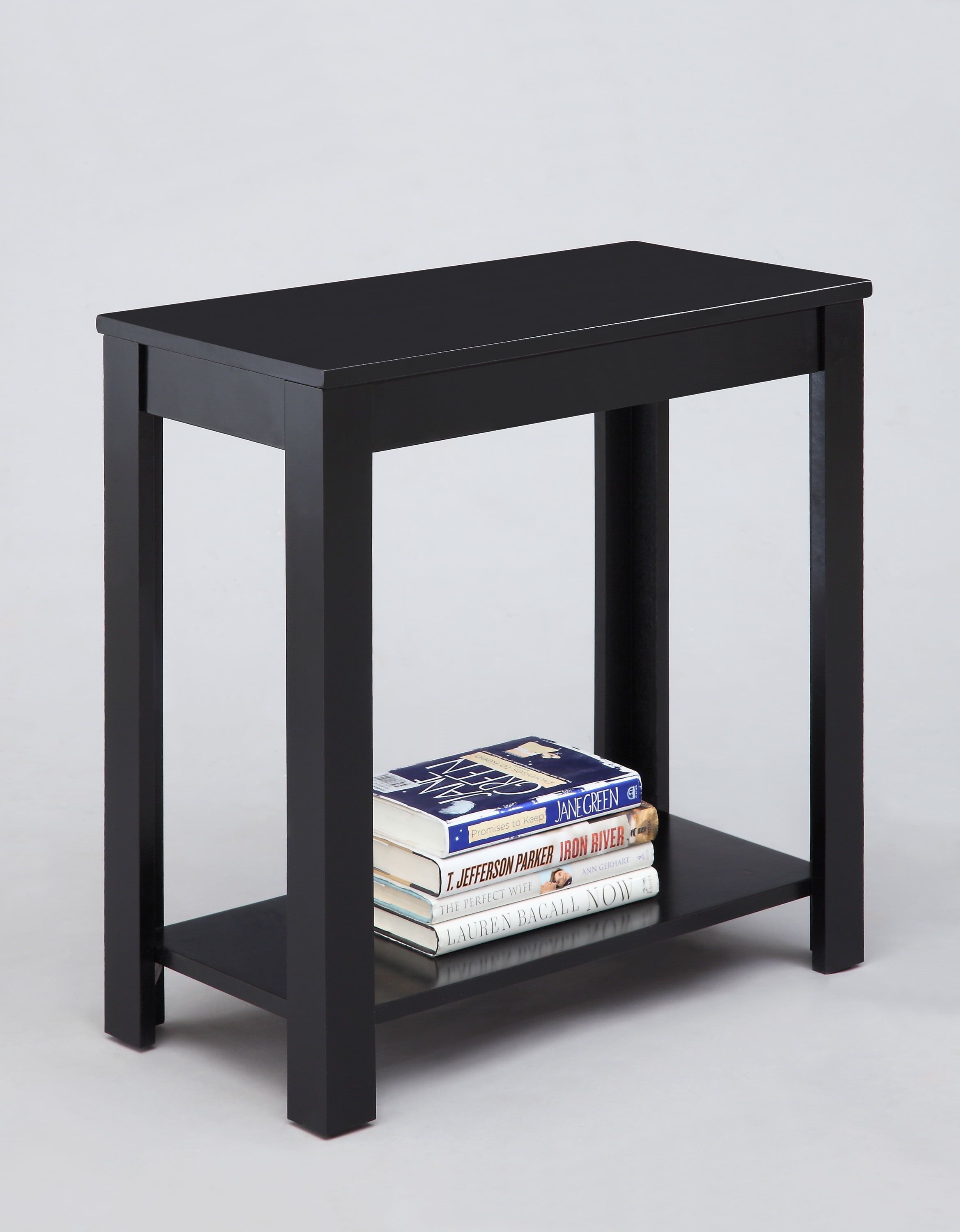 Black Wood Rectangular Chairside Table with Shelf