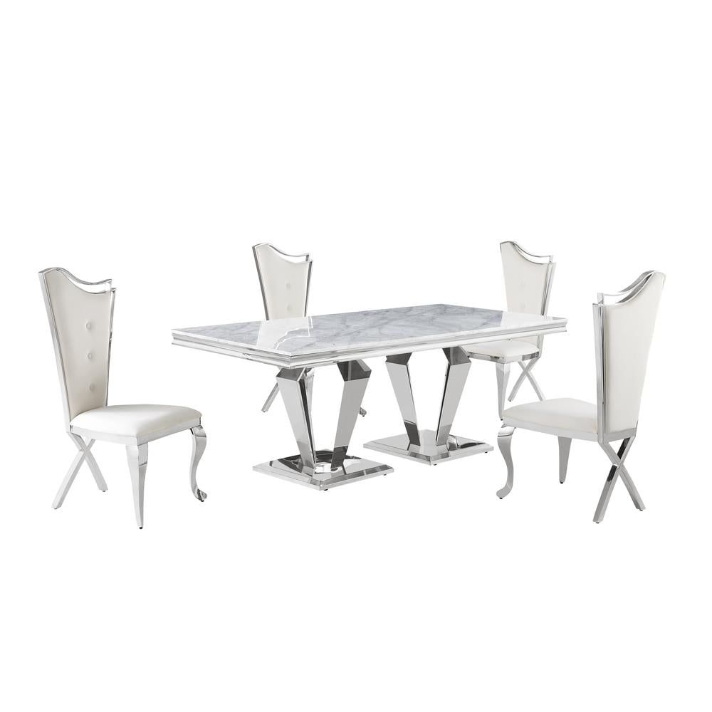 Crownie Cream and Silver Faux Marble 5-Piece Dining Set