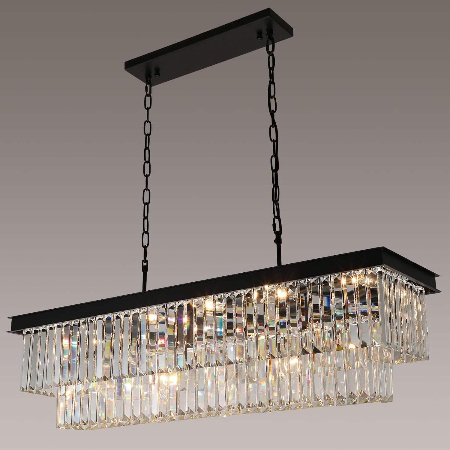 Black Rectangular 11-Light Crystal Chandelier for Dining Room