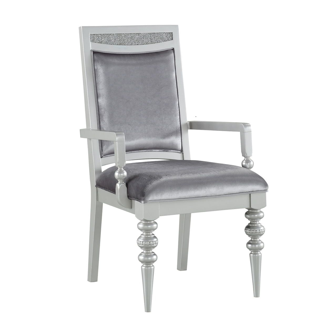 Silver Upholstered High Back Arm Chair with Crystal Inlay, Set of 2