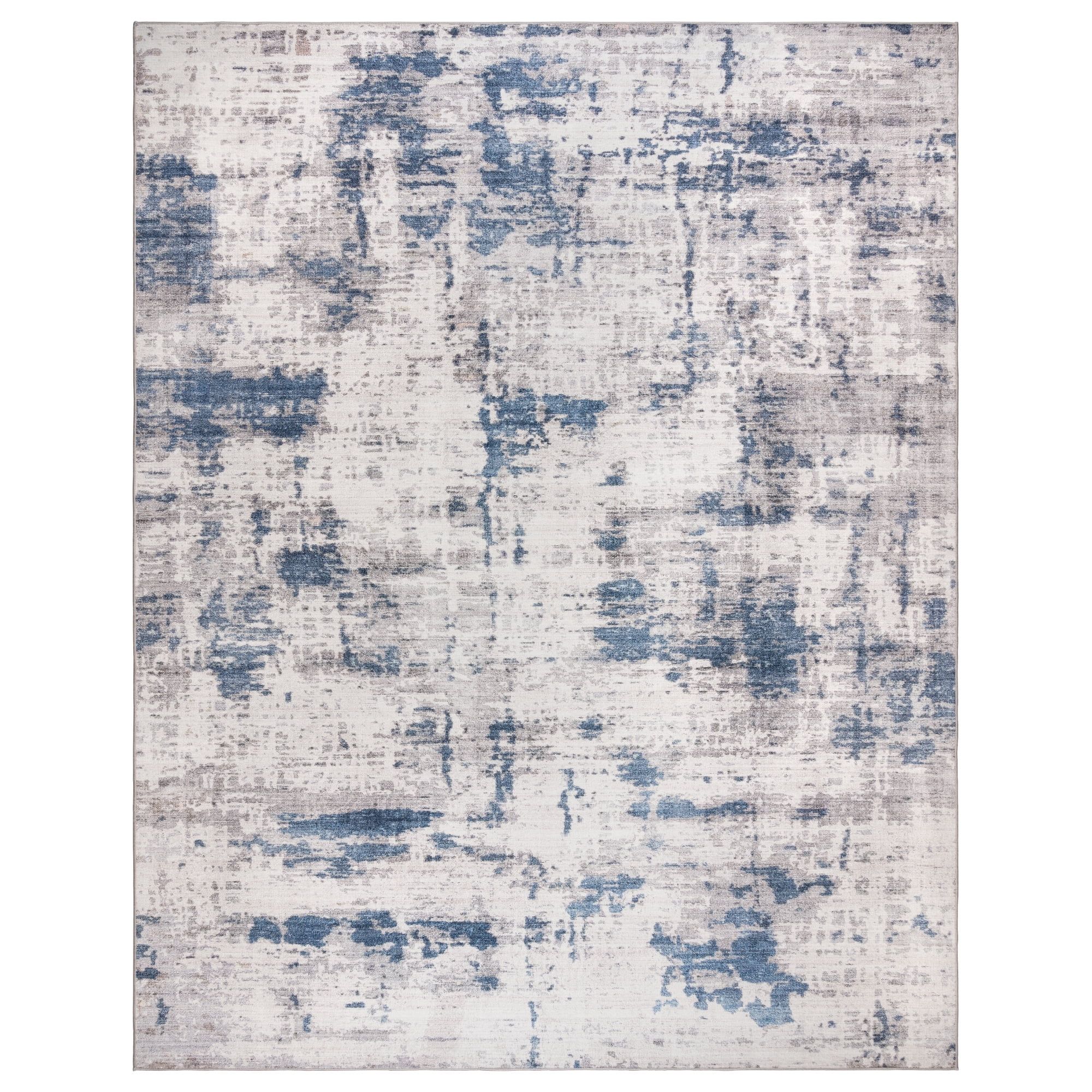 Gray and Blue Abstract Washable Tufted Area Rug, 5' x 7'