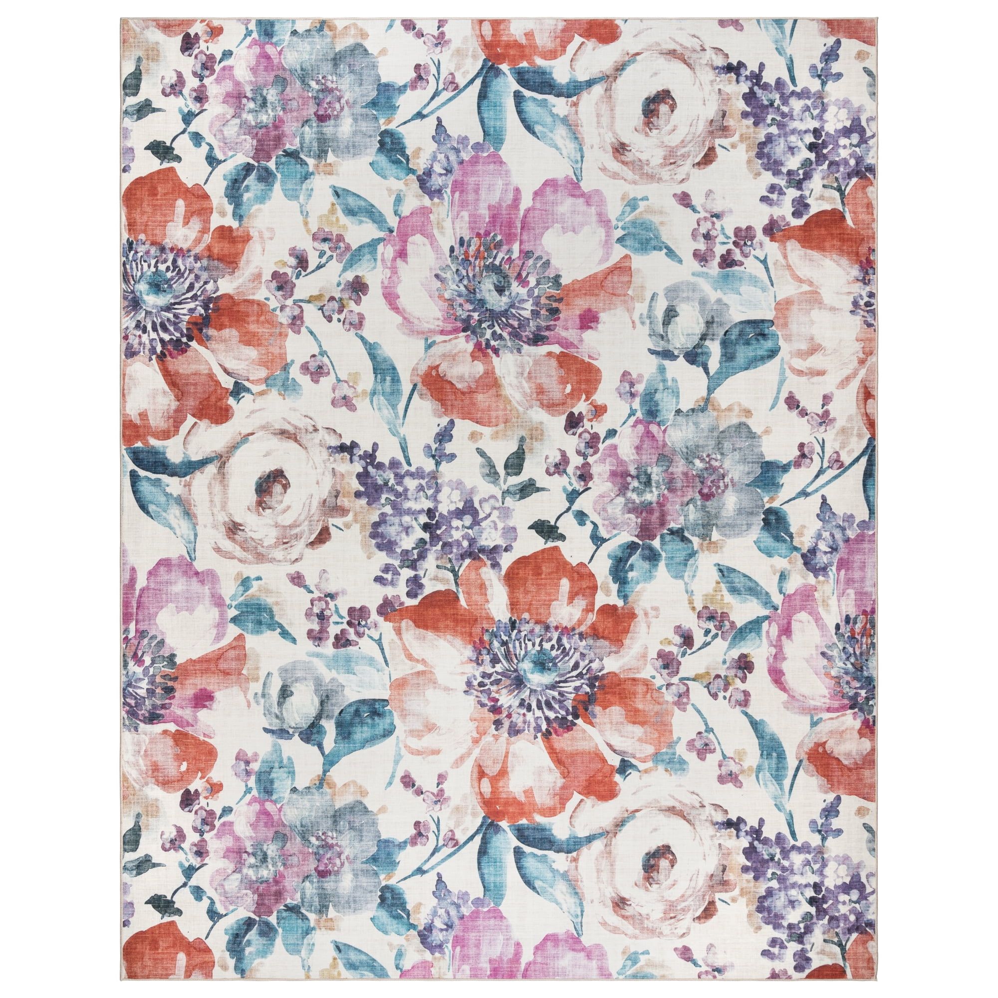 Floral Watercolor Red and Blue 5' x 7' Synthetic Area Rug