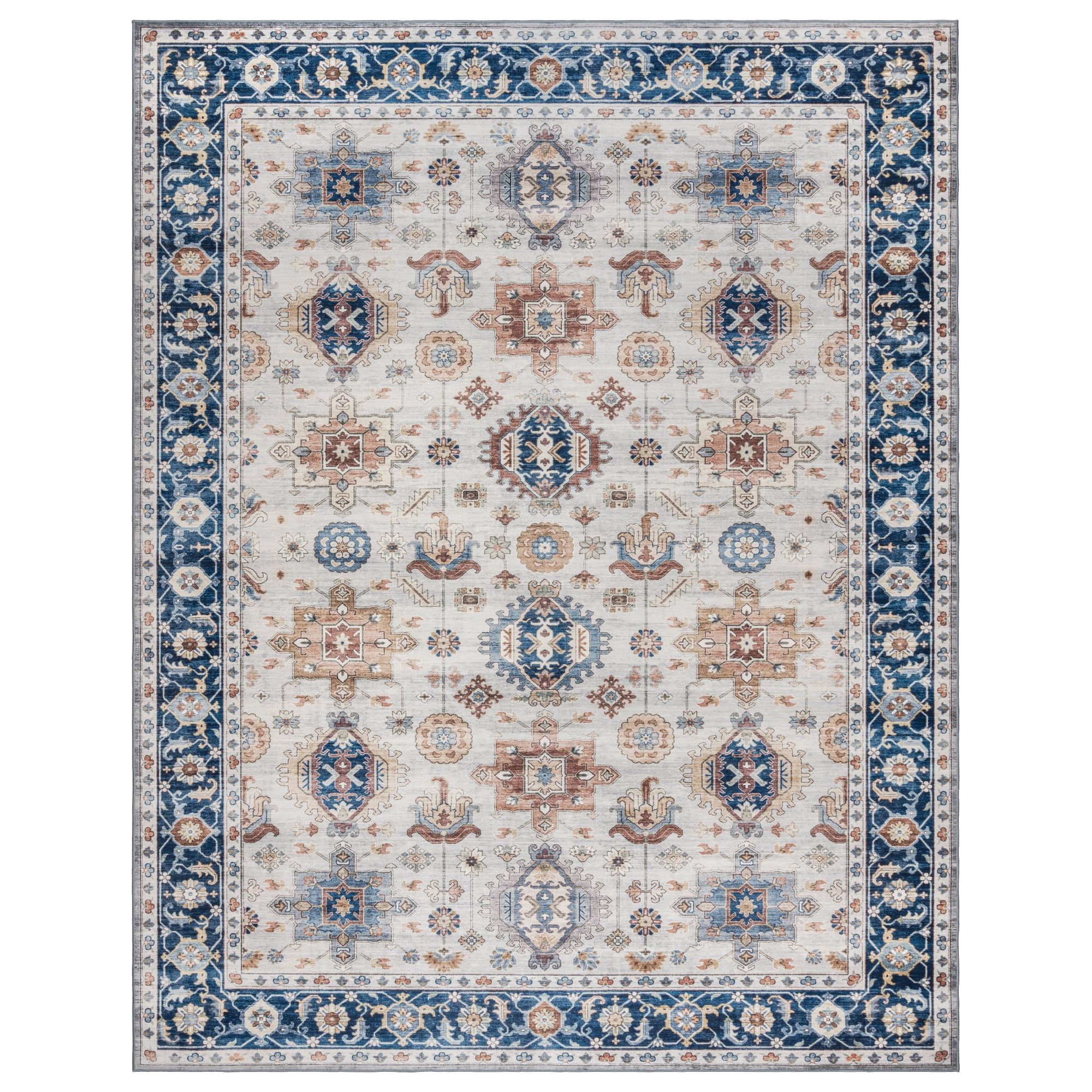 Micah Blue and Beige Synthetic Washable Rectangular Area Rug