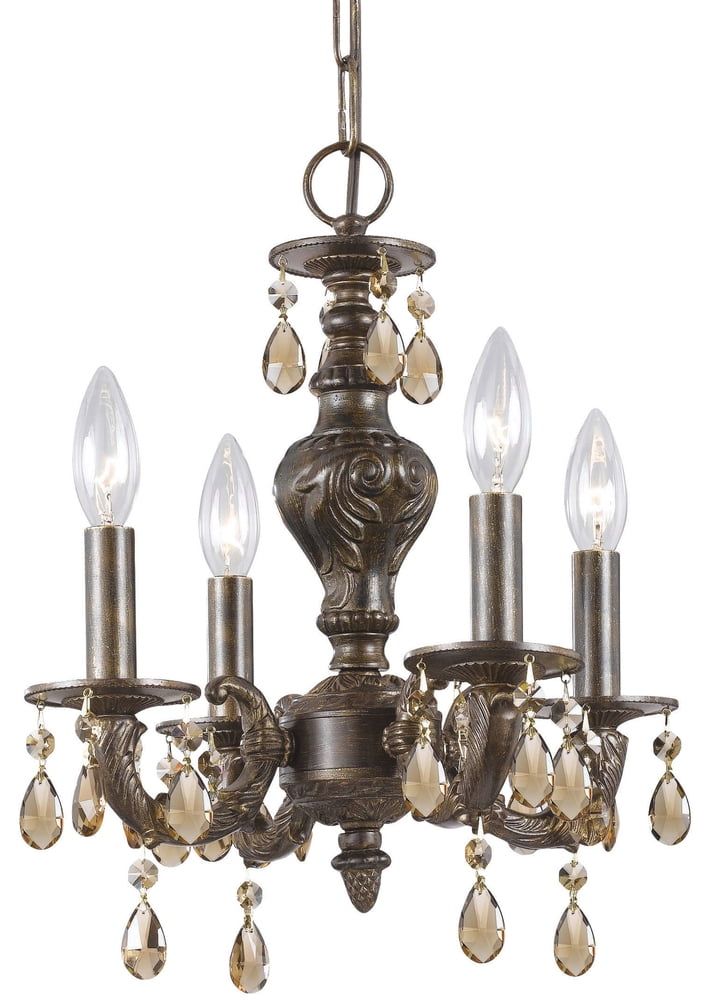 Mini Venetian Bronze 4-Light Chandelier with Golden Teak Crystal Accents