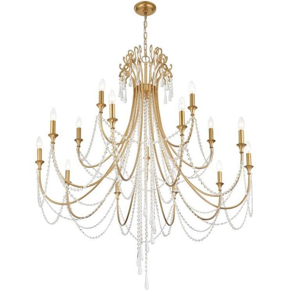 Antique Gold 15-Light Chandelier with Hand Cut Crystal