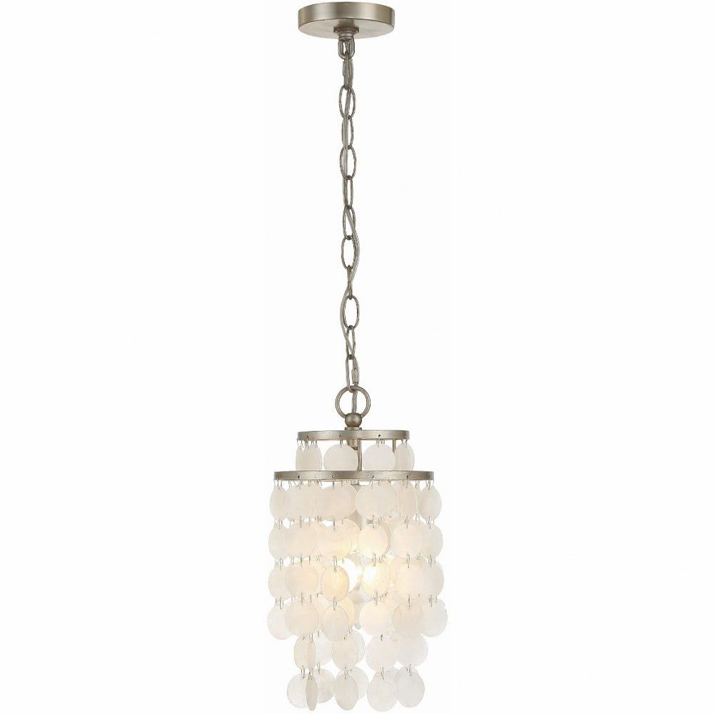 Antique Silver Mini Chandelier with Capiz Shell Accents - 7'' W x 14.5'' H