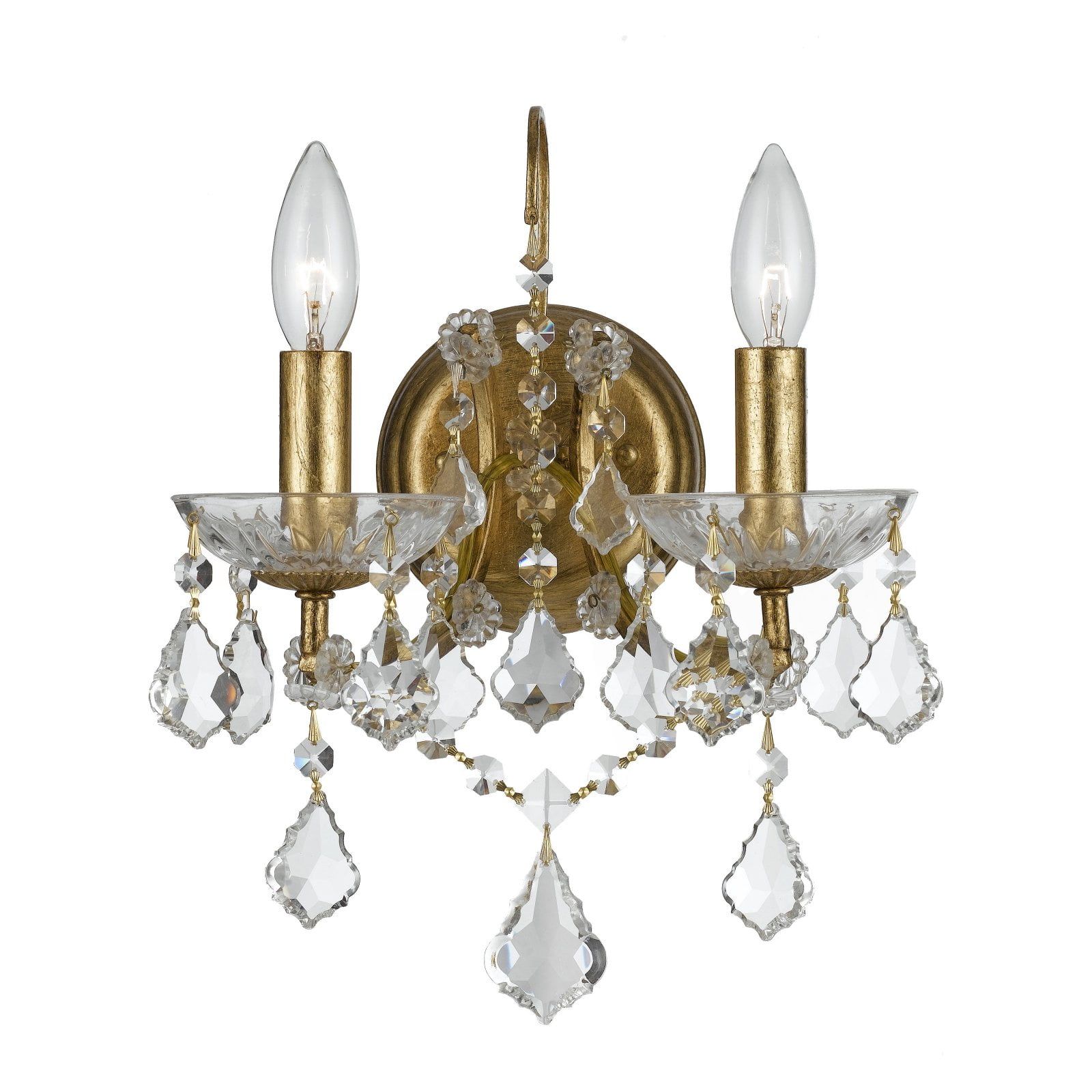 Antique Gold Dual-Light Crystal Sconce with Hand Cut Accents