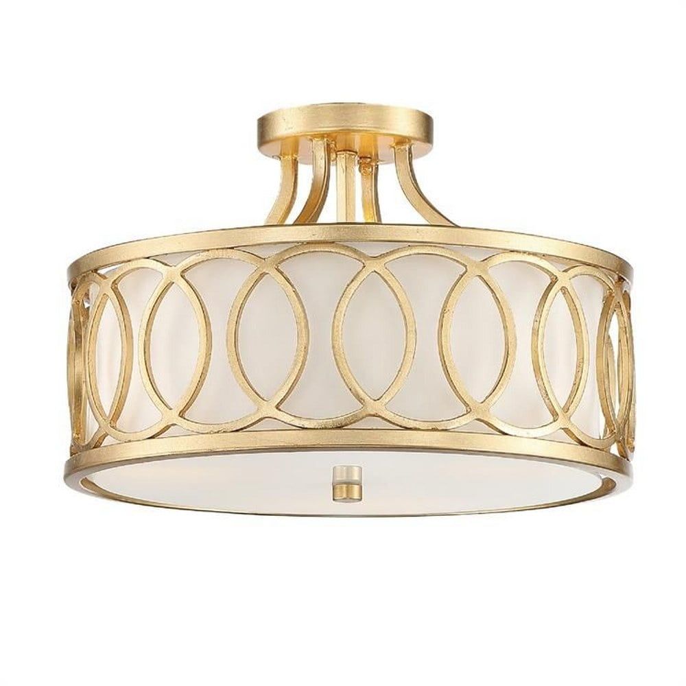 Libby Langdon Antique Gold Circular 3-Light Semi-Flush Mount with White Silk Shade