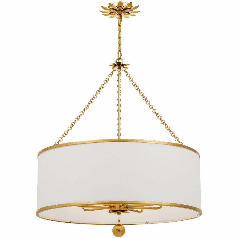 Elegante Antique Gold 8-Light Chandelier with White Silk Drum Shade