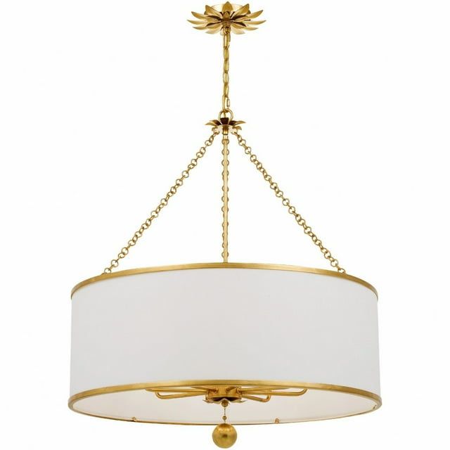 Elegante Antique Gold 8-Light Chandelier with White Silk Drum Shade