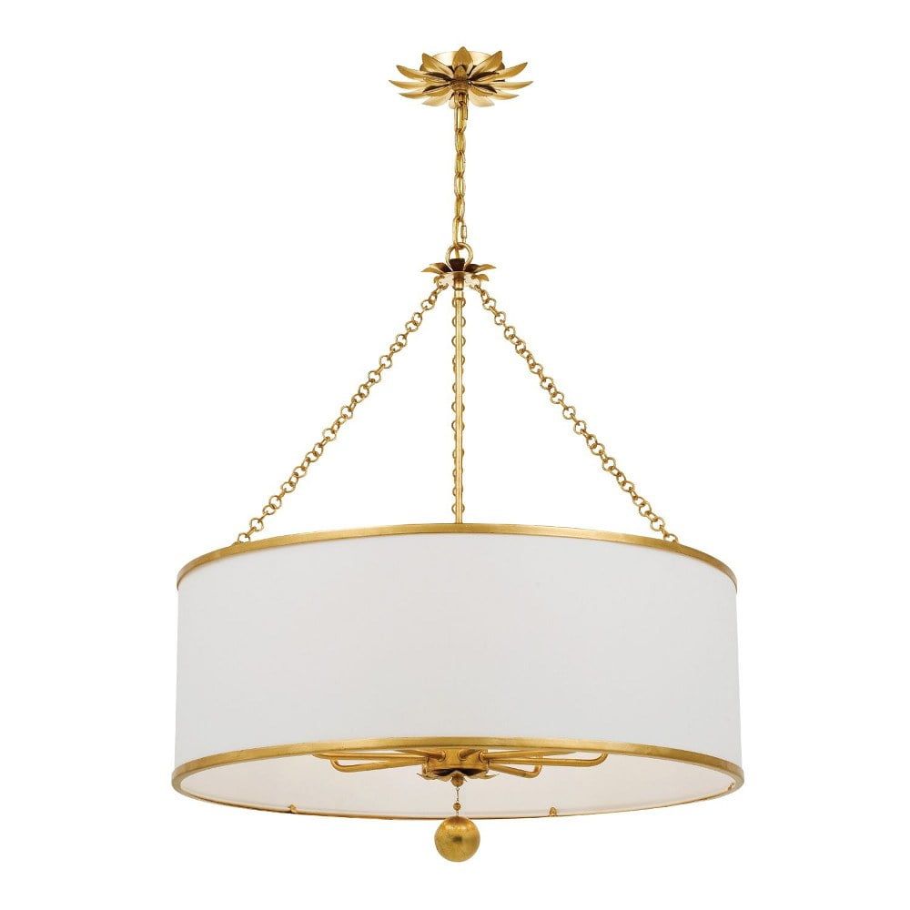 Elegante Antique Gold 8-Light Chandelier with White Silk Drum Shade