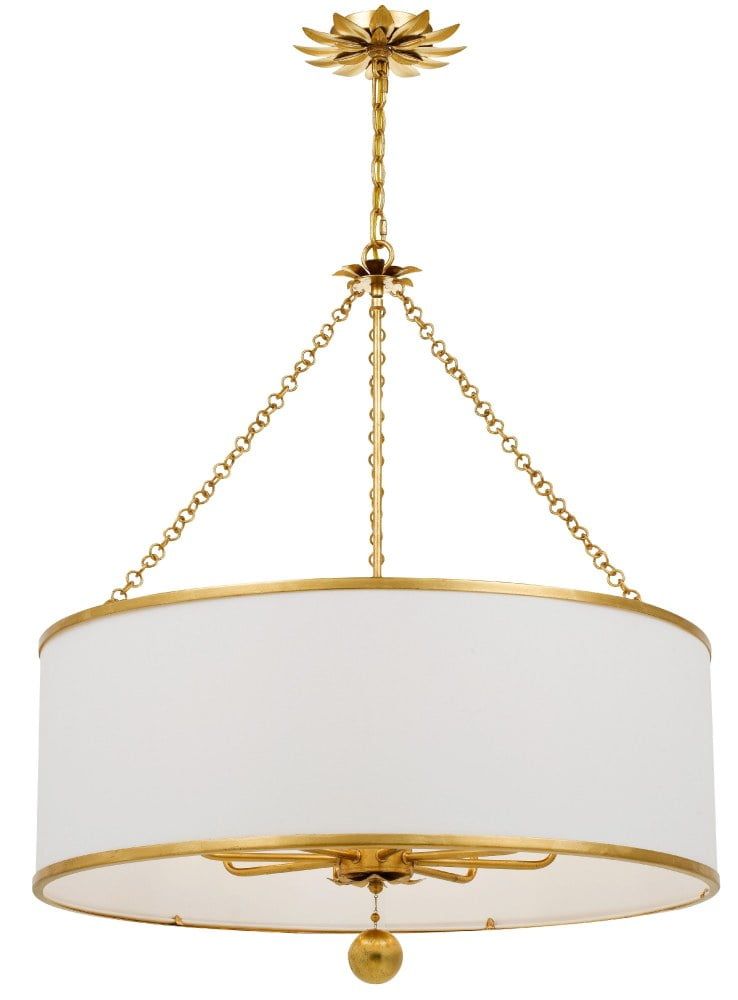 Elegante Antique Gold 8-Light Chandelier with White Silk Drum Shade