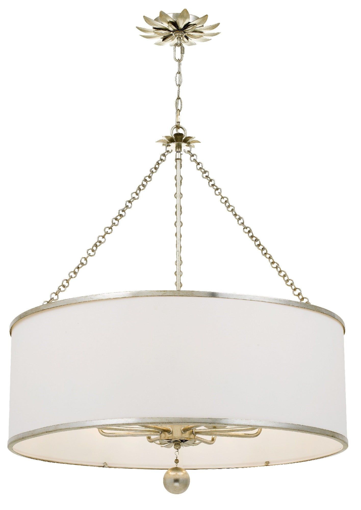Antique Silver 8-Light Chandelier with White Silk Drum Shade