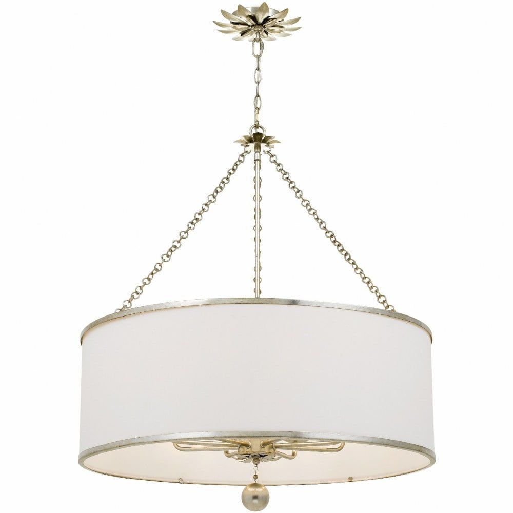 Antique Silver 8-Light Chandelier with White Silk Drum Shade