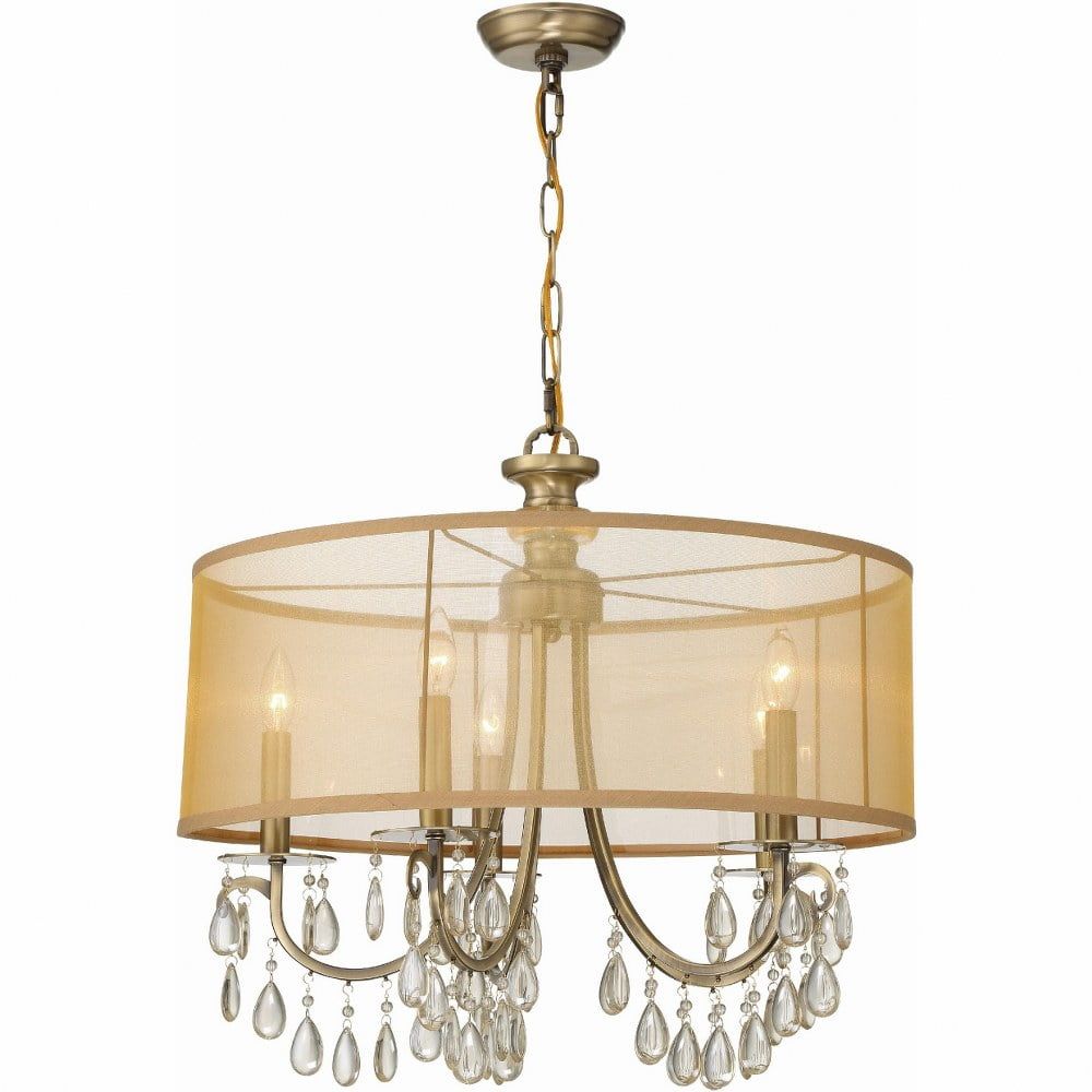 Elegant Brass Drum Chandelier with Silk Shade and Etruscan Teardrop Crystals