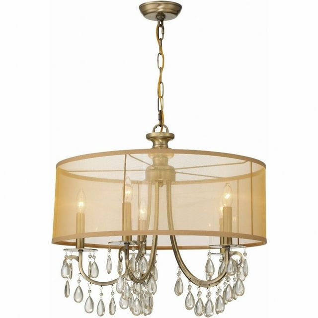 Elegant Brass Drum Chandelier with Silk Shade and Etruscan Teardrop Crystals