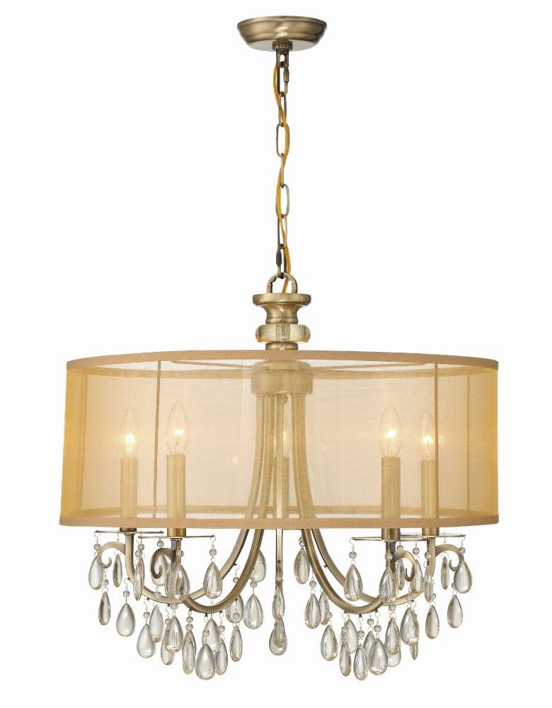 Elegant Brass Drum Chandelier with Silk Shade and Etruscan Teardrop Crystals