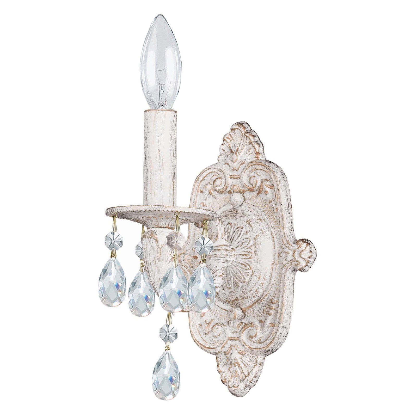 Antique White Wall Sconce with Clear Hand Cut Crystals