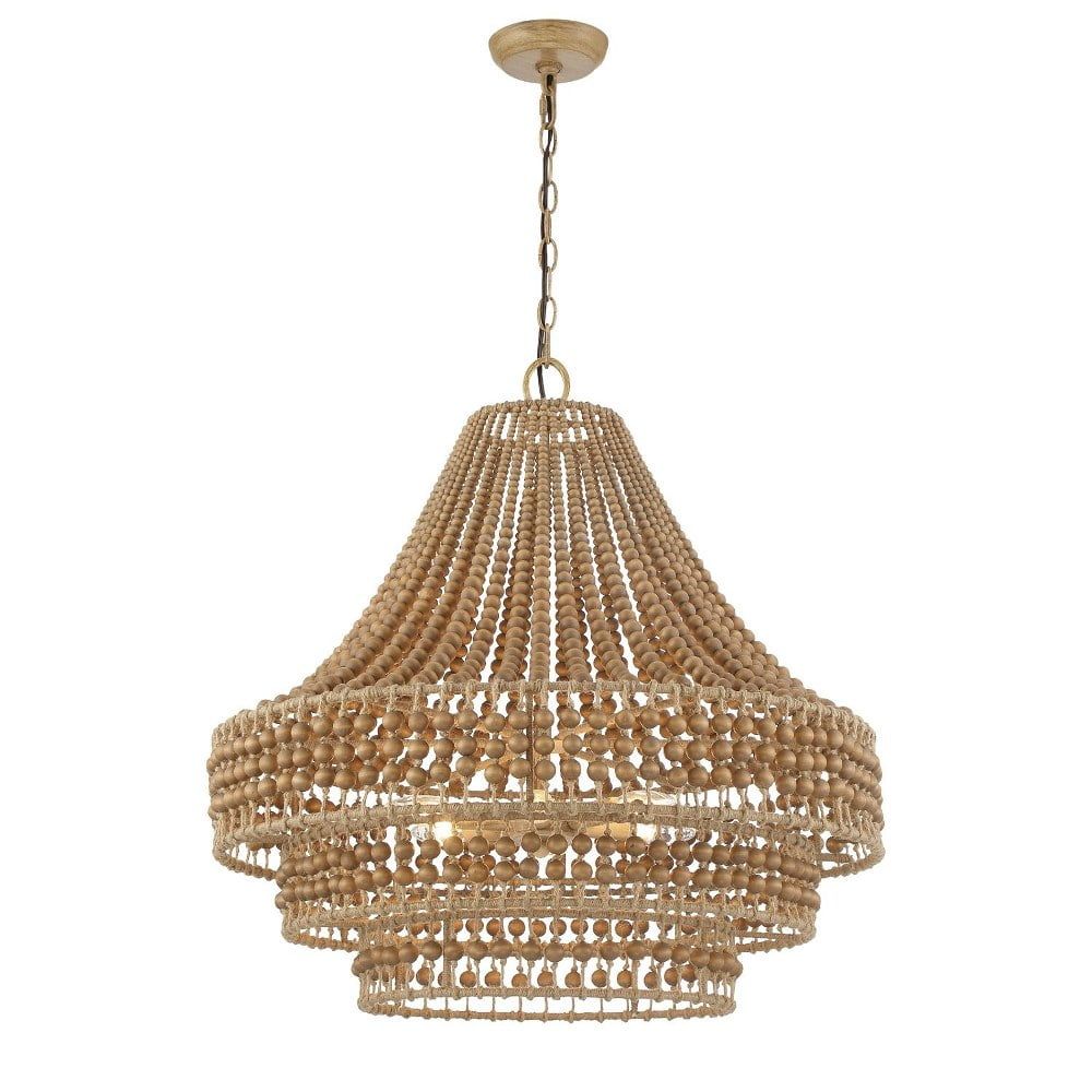 Burnished Silver and Natural Wood Bead 6-Light Chandelier