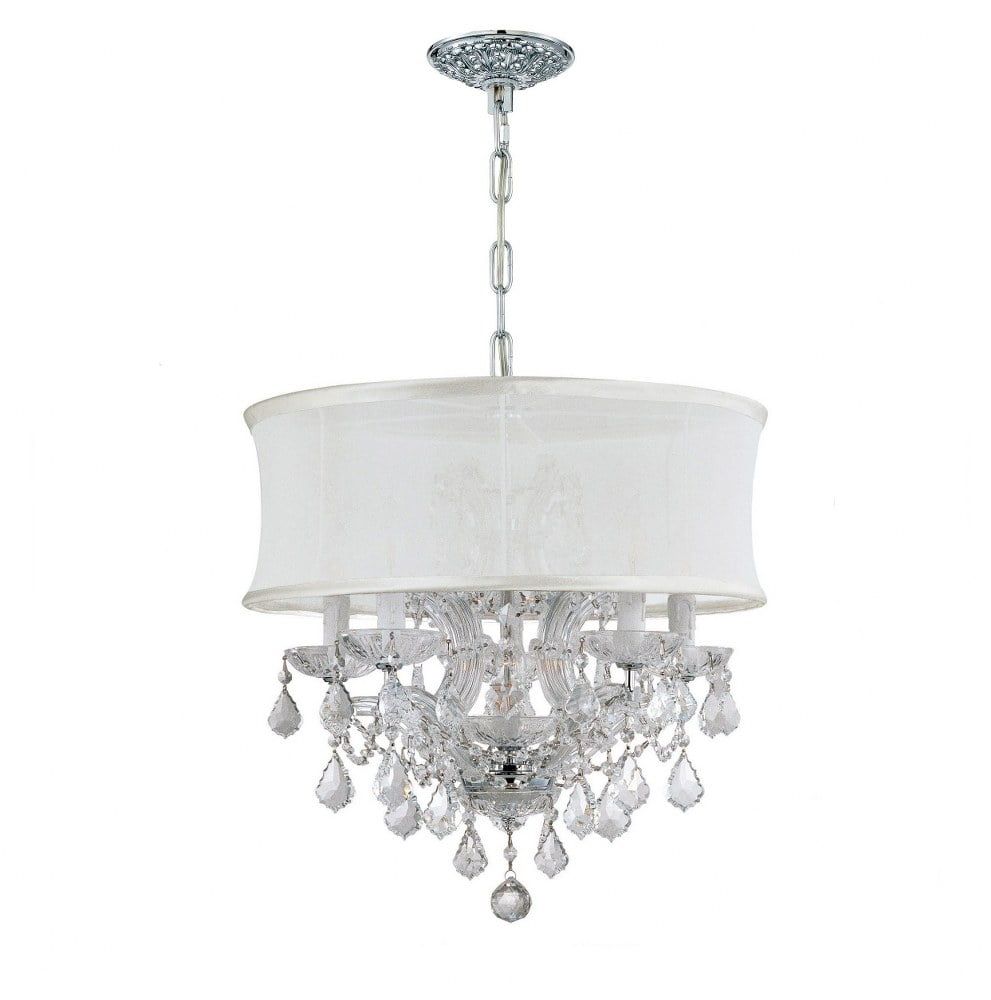 Mini Chrome 6-Light Chandelier with White Silk Shade and Crystal Accents