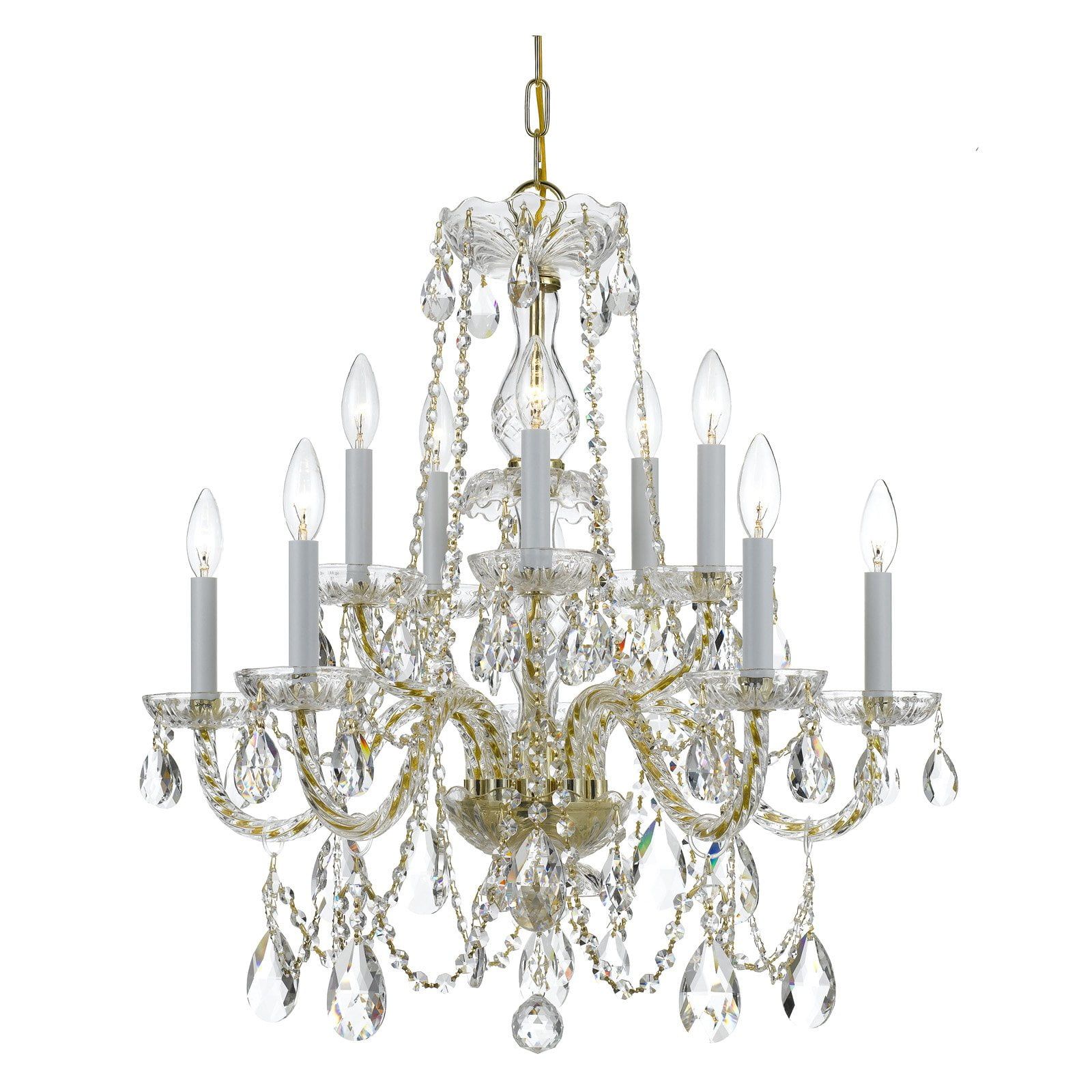 Polished Brass and Clear Crystal 10-Light Chandelier