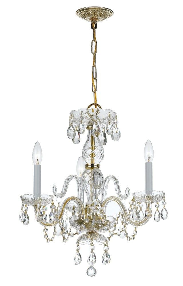 Elegant Mini 3-Light Chandelier in Polished Brass with Hand Cut Crystals