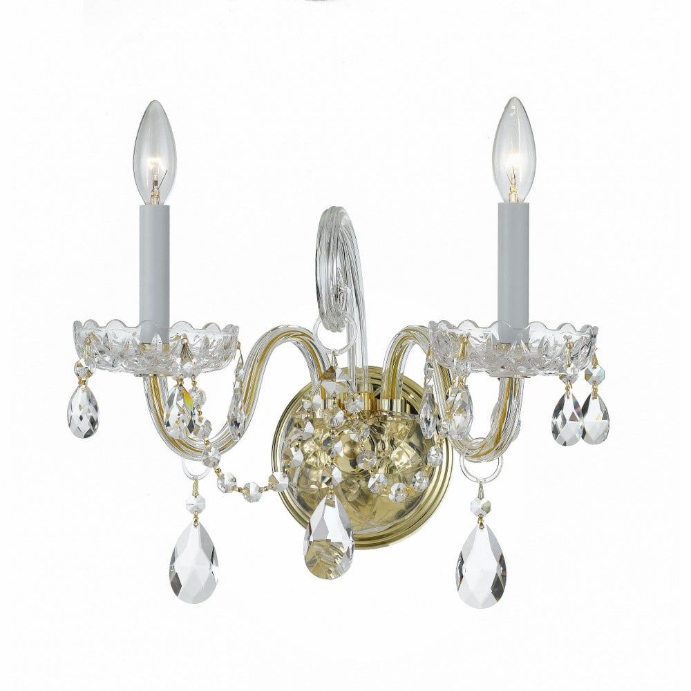 Elegant Polished Brass 2-Light Wall Sconce with Clear Swarovski Crystals