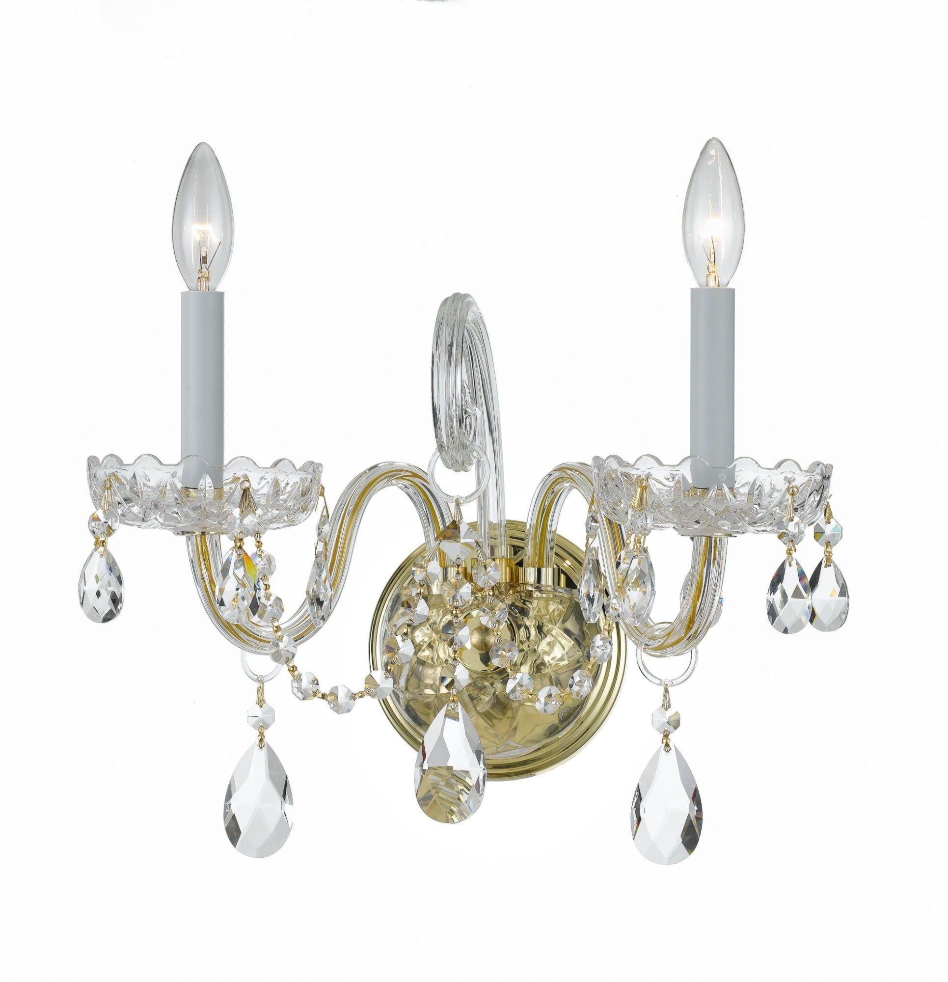 Elegant Polished Brass 2-Light Wall Sconce with Clear Swarovski Crystals