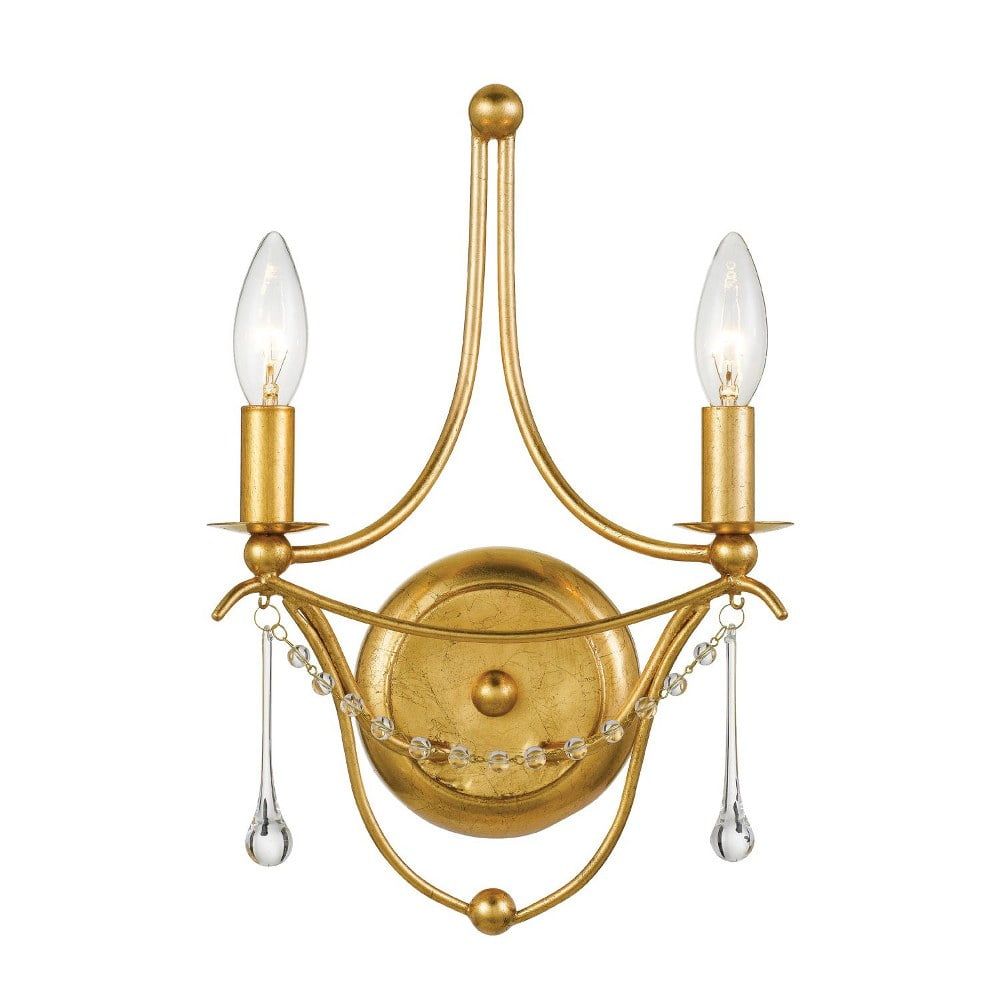 Elegant Antique Gold Wall Sconce with Clear Glass Beads, 2-Light