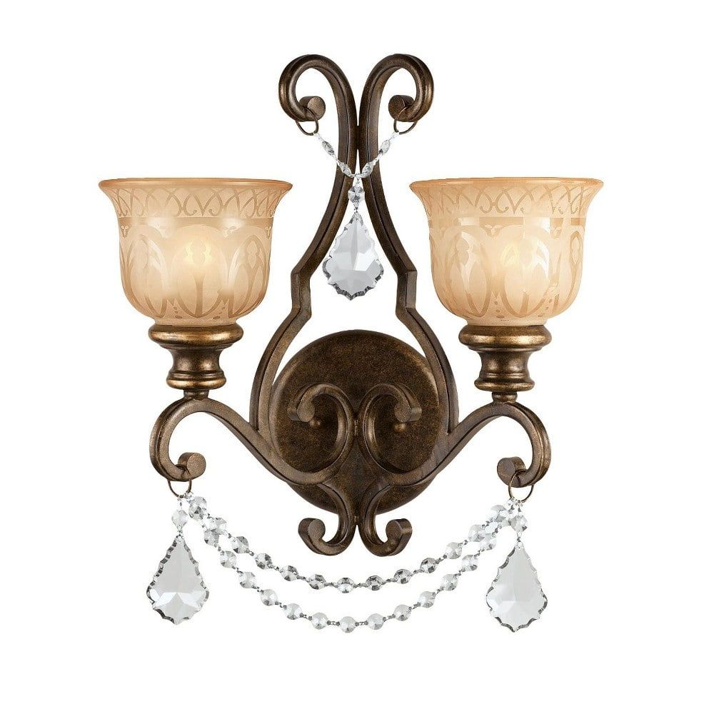 Elegant Bronze Umber 2-Light Wall Sconce with Amber Glass Shades