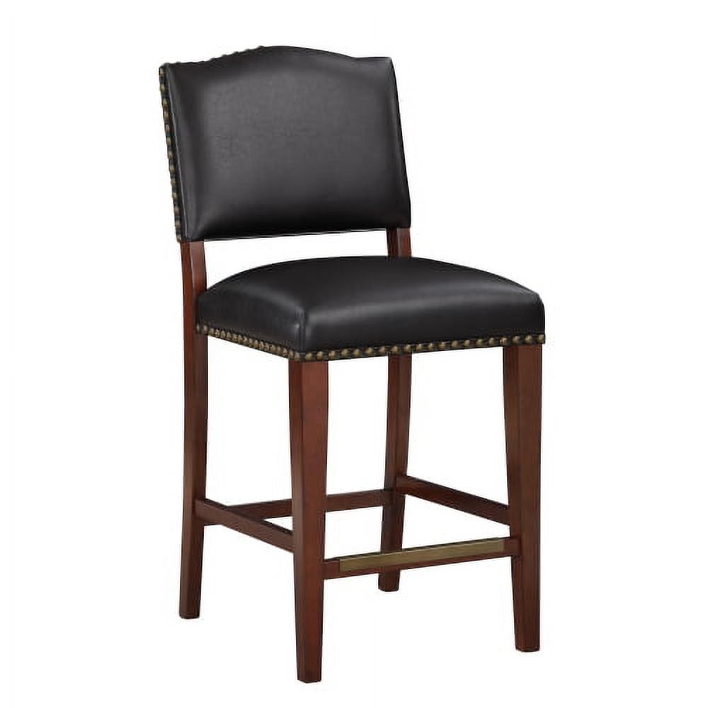 Dark Brown Leather and Wood Counter Stool with Nailhead Trim