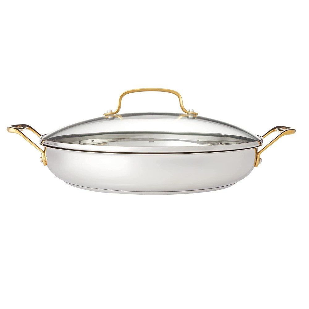 12" Stainless Steel Everyday Pan with Gold Handles and Glass Lid