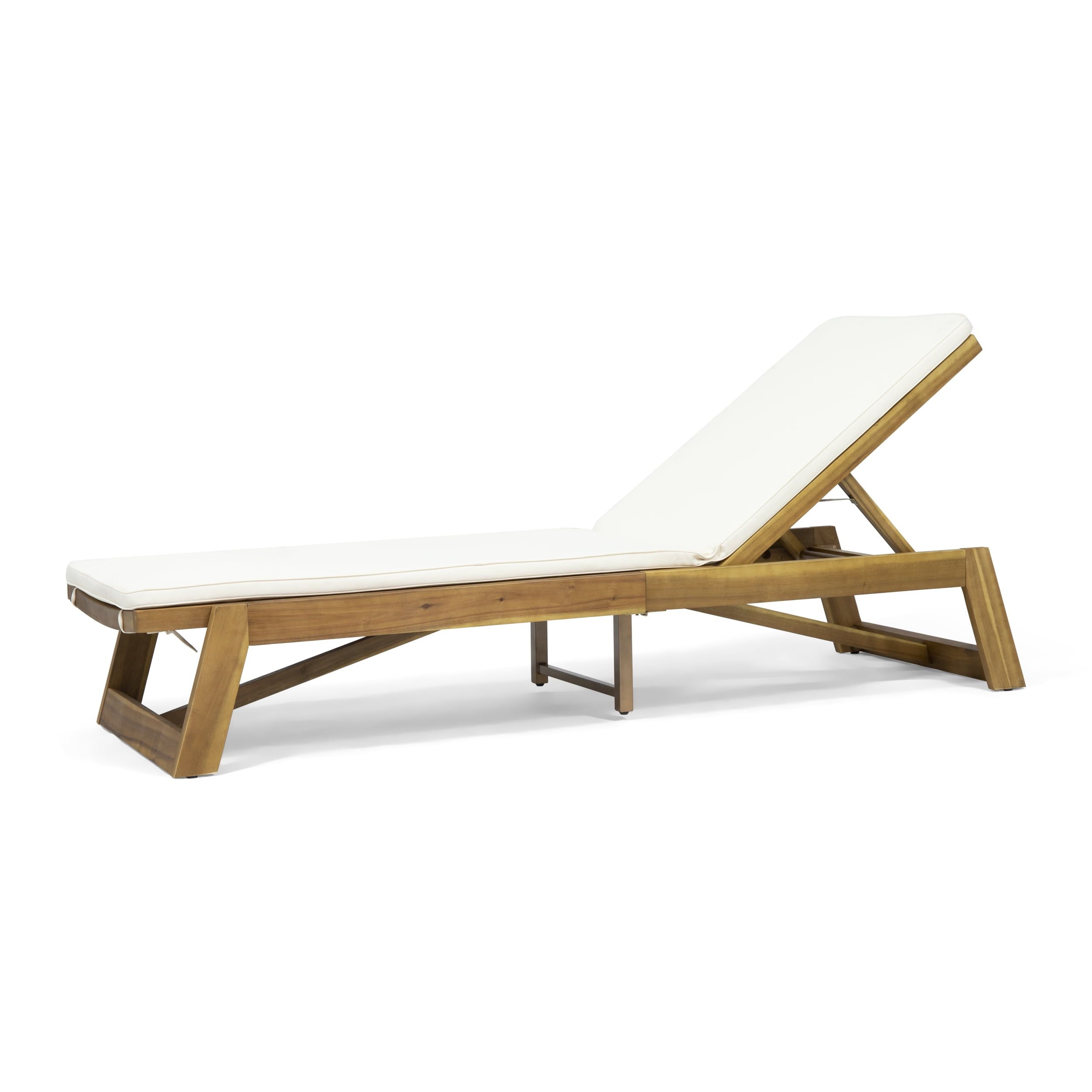 Teak Brown Acacia Wood Chaise Lounger with Cream Cushions