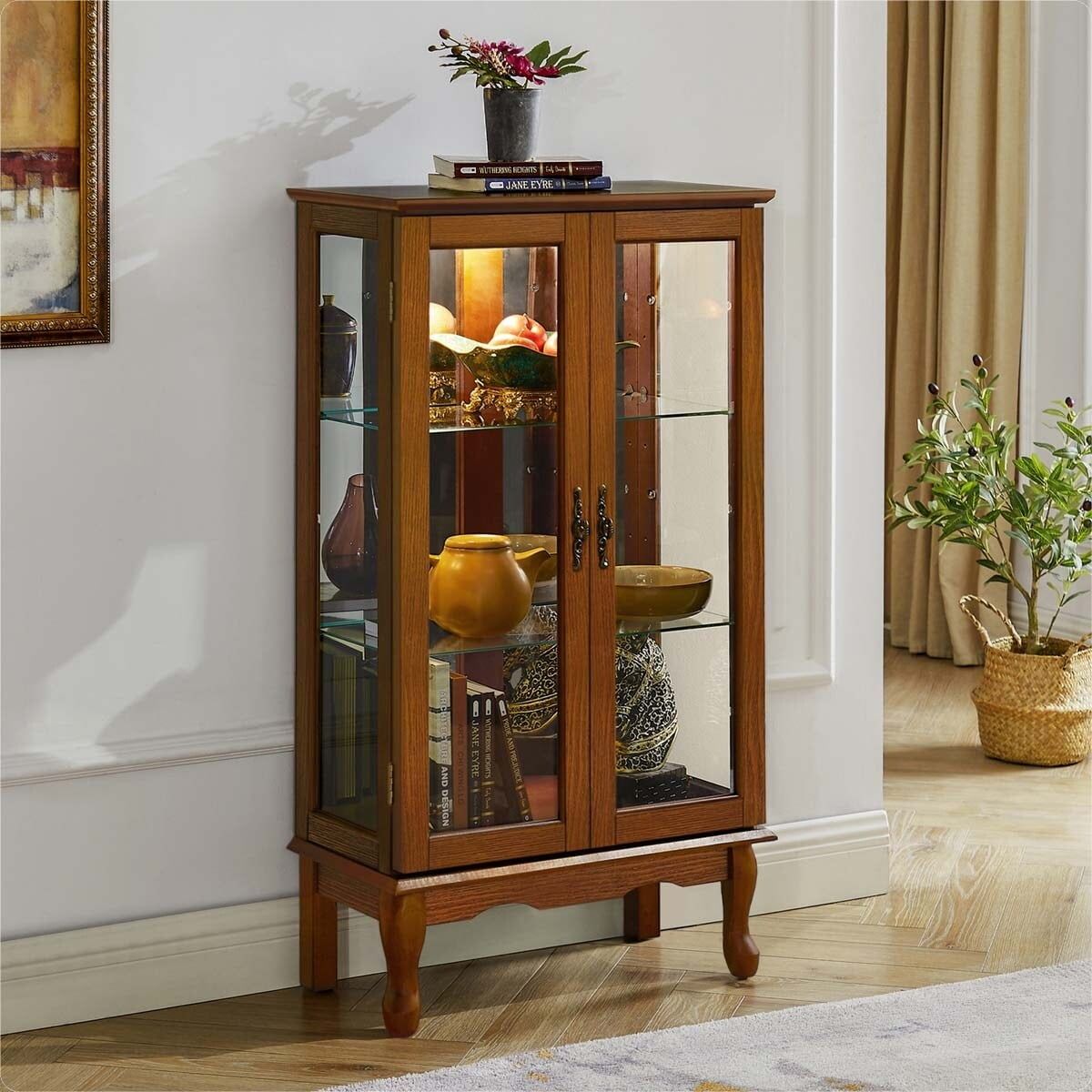 Lighted Oak Curio Cabinet with Adjustable Glass Shelves