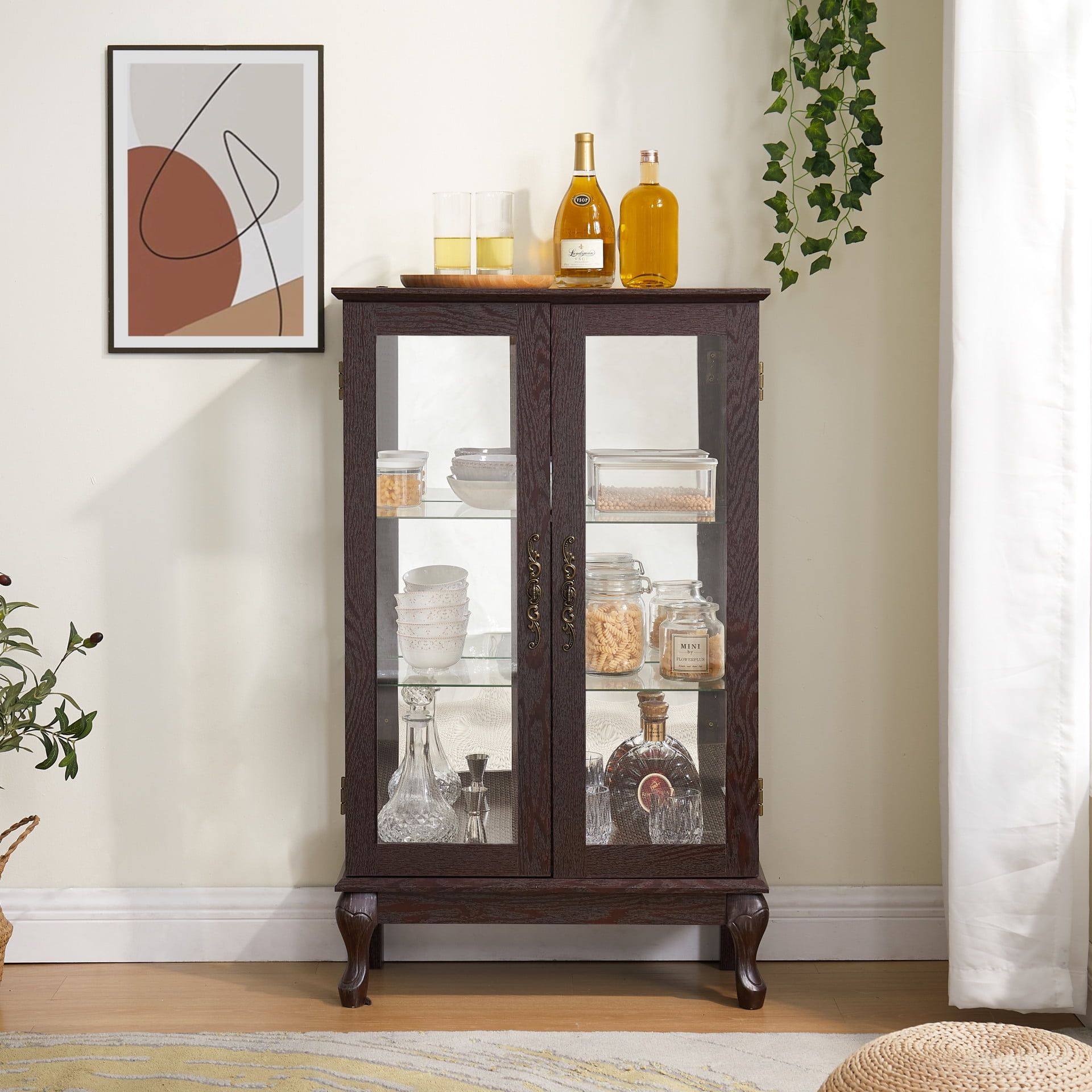 Dark Brown Lighted Curio Cabinet with Tempered Glass Doors