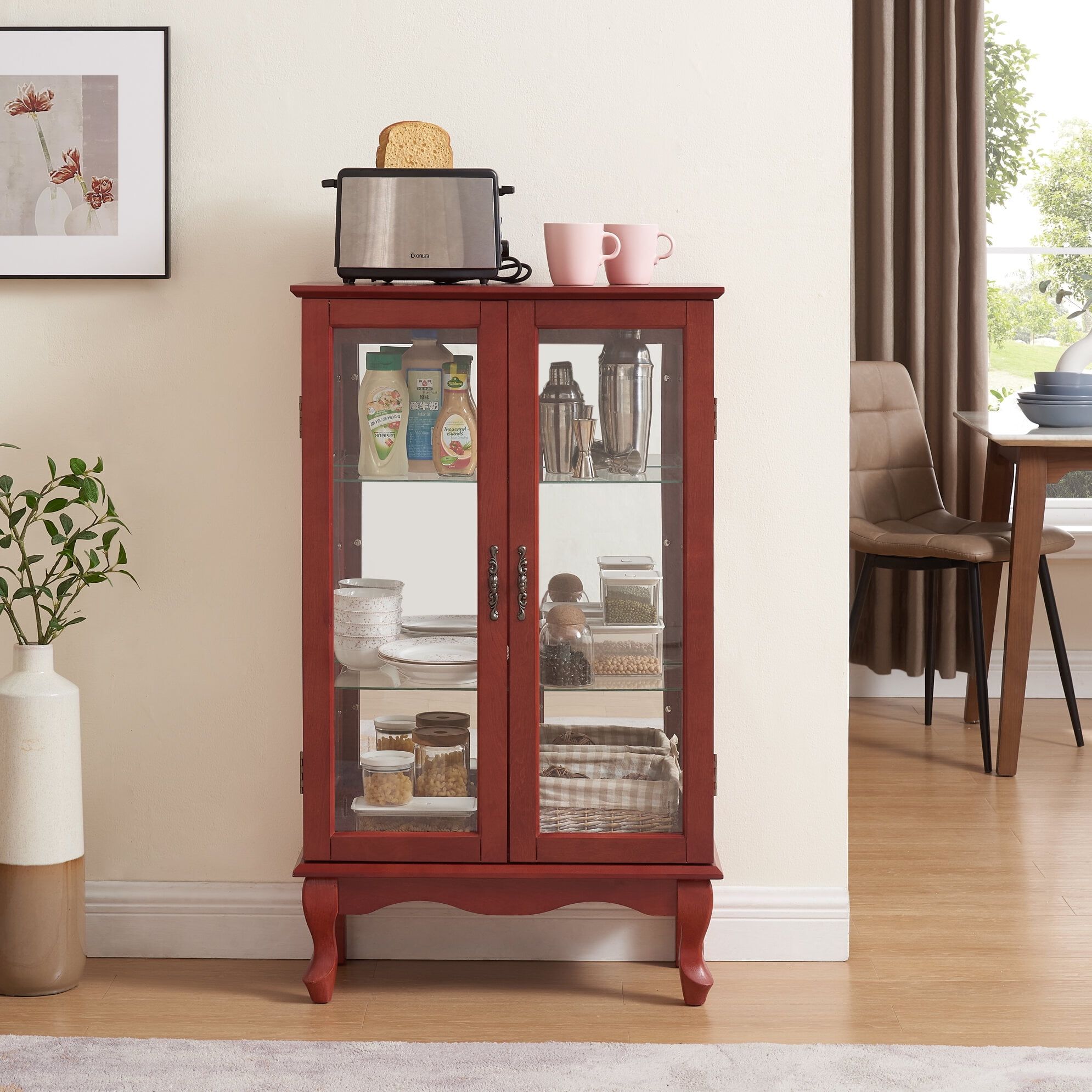 Cherry Lighted Curio Cabinet with Tempered Glass Doors