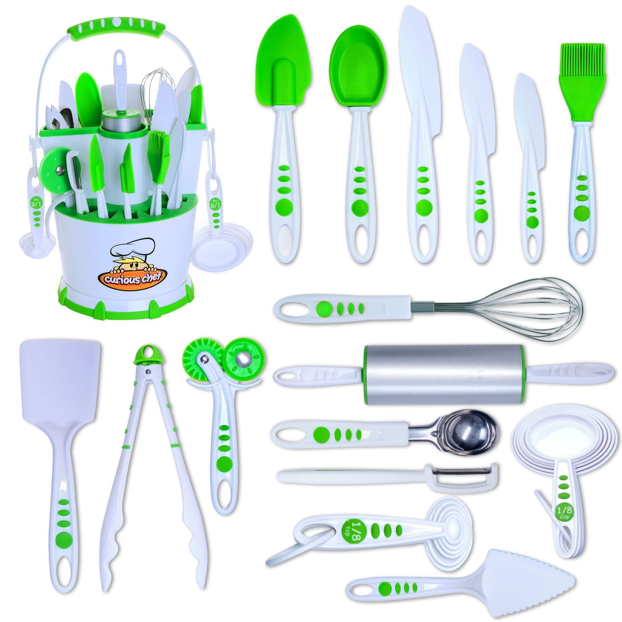 Curious Chef 30-Piece White and Green Kids Cookware Set