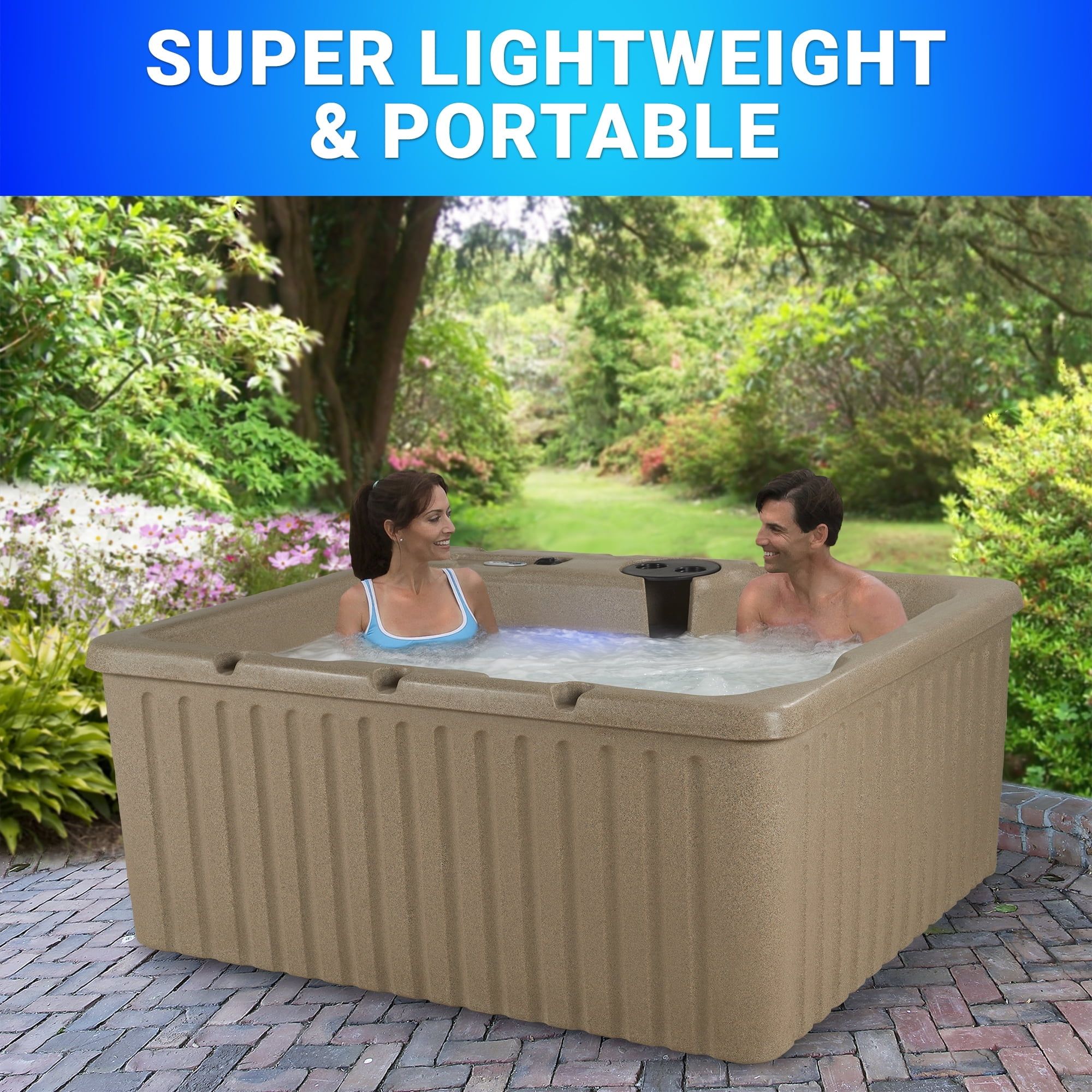 Beige 4-Person Electric Rectangle Hot Tub with Jets