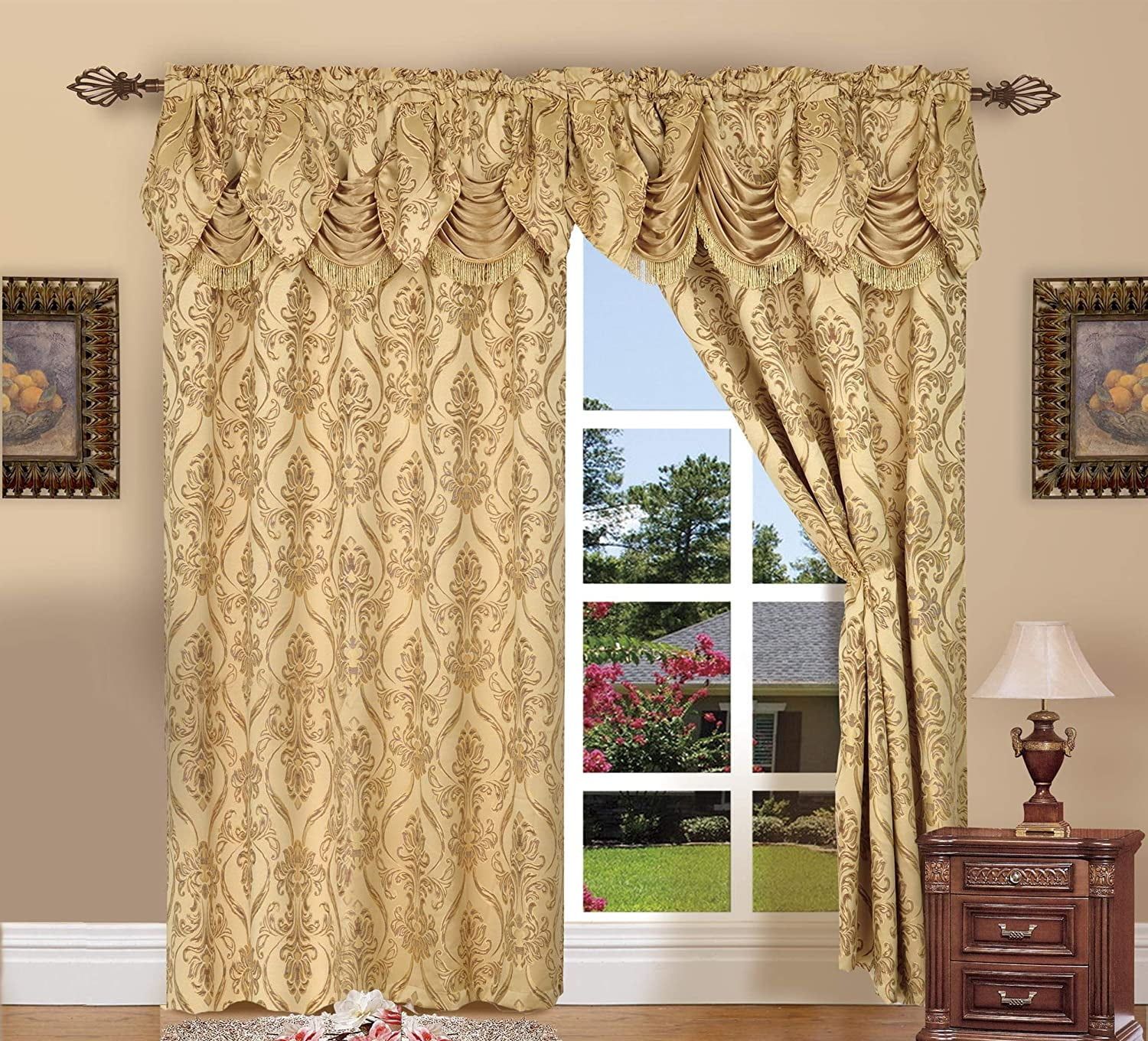 Gold Jacquard Polyester Window Panels with Attached Valance, 84" x 54"