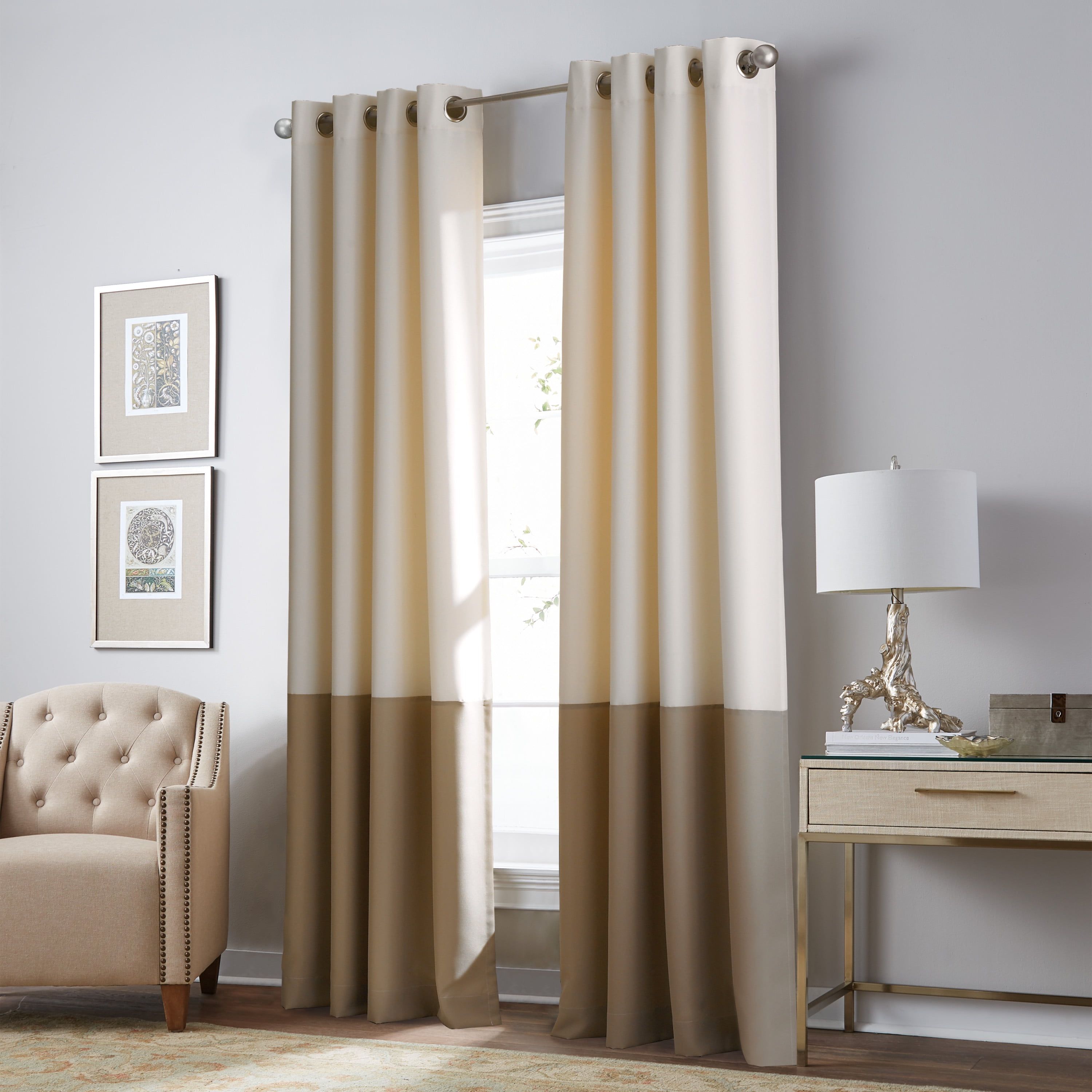 Ivory and Tan Room-Darkening Faux Silk Grommet Curtains