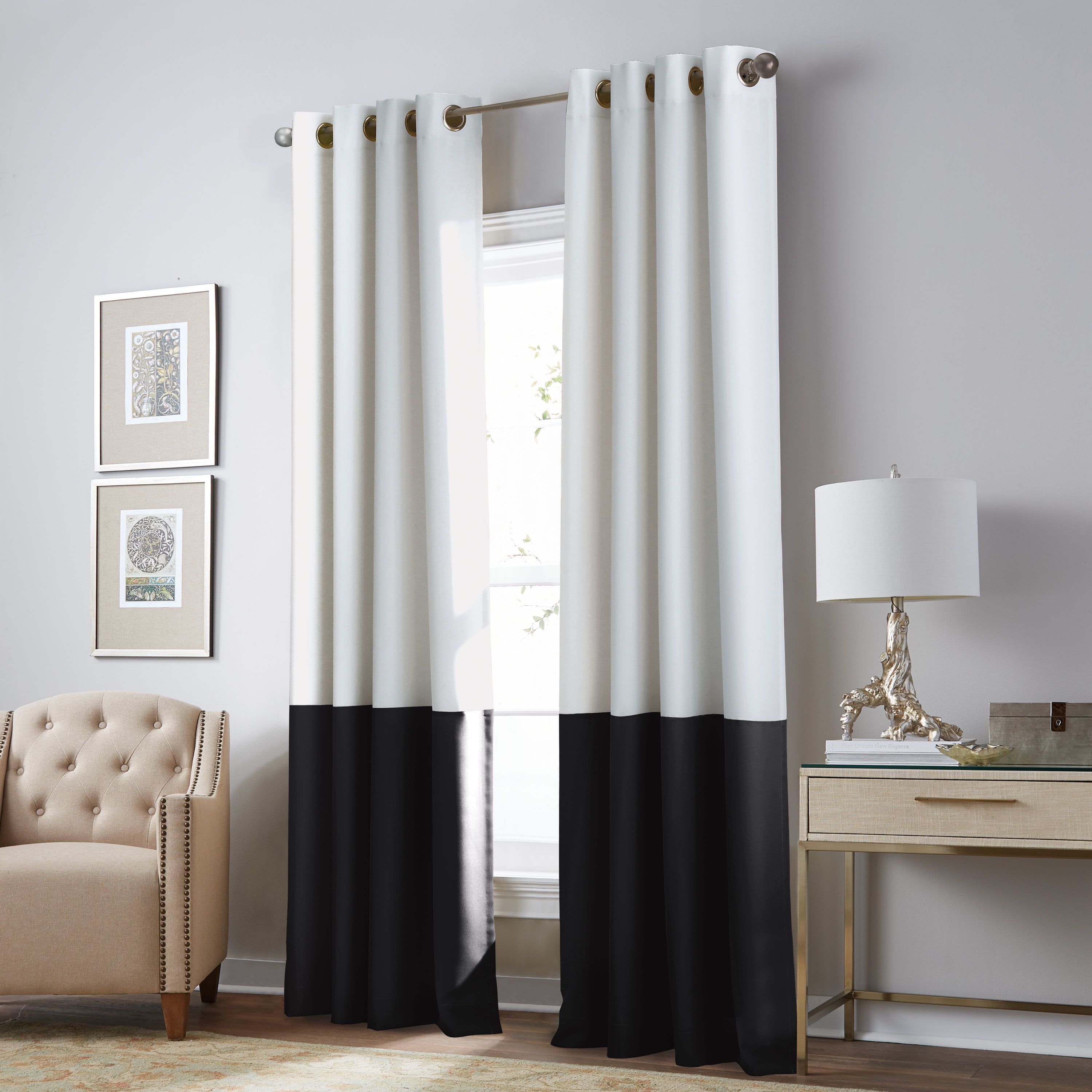 White and Black Polyester Room Darkening Grommet Curtain Panel