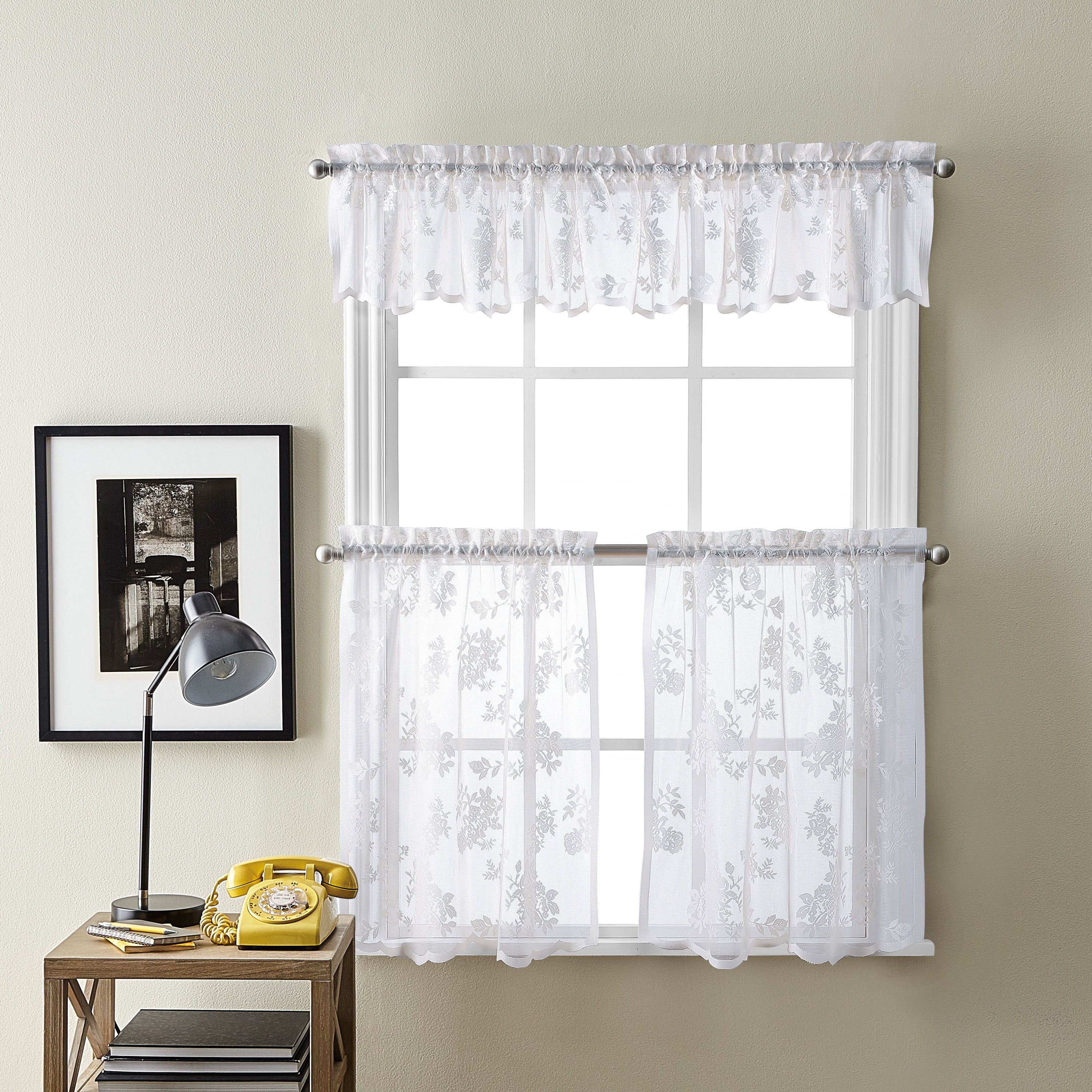 White Floral Lace Sheer Rod Pocket Tier Curtains, 56"x36"