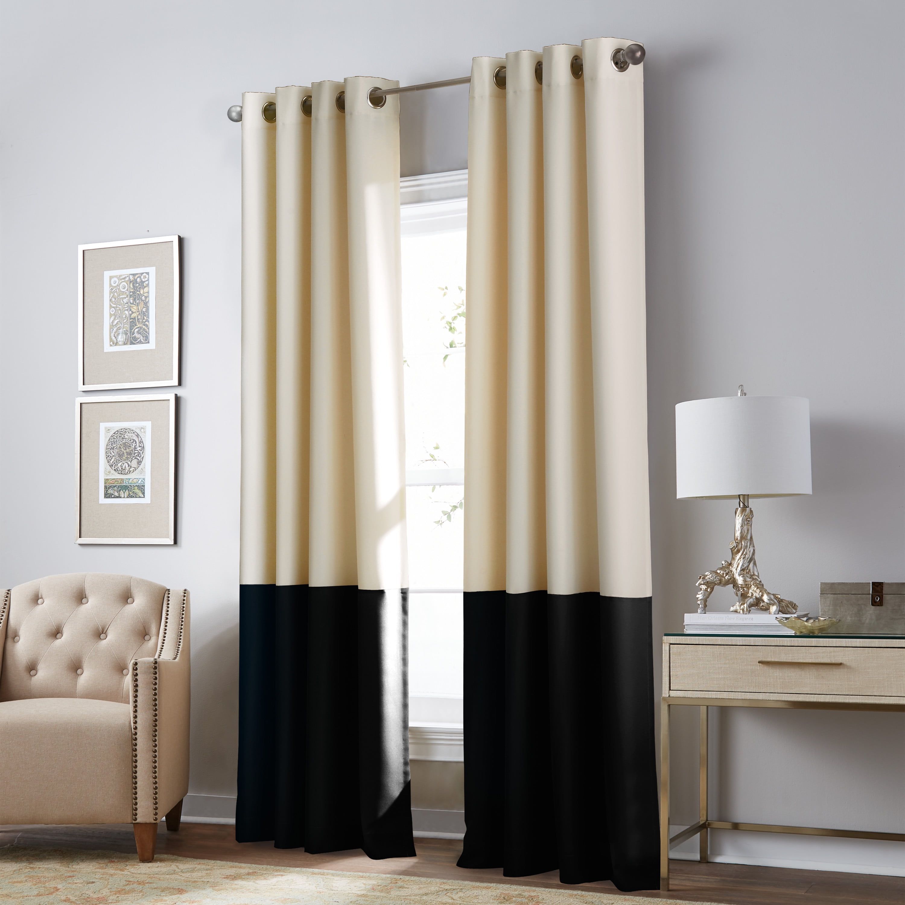 Cream and Black Color Block Room Darkening Grommet Curtain Panel 52" x 63"