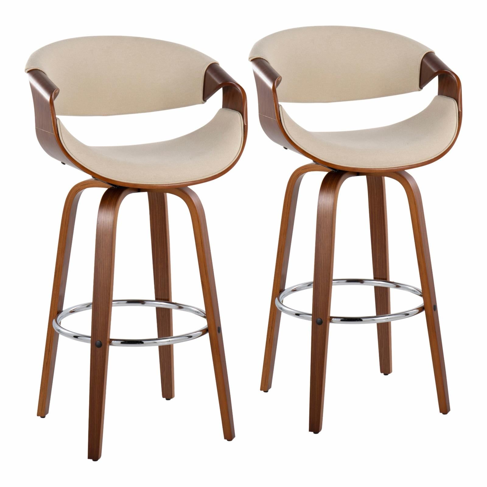 Curvini 30'' Walnut Wood and Cream Swivel Barstools Set