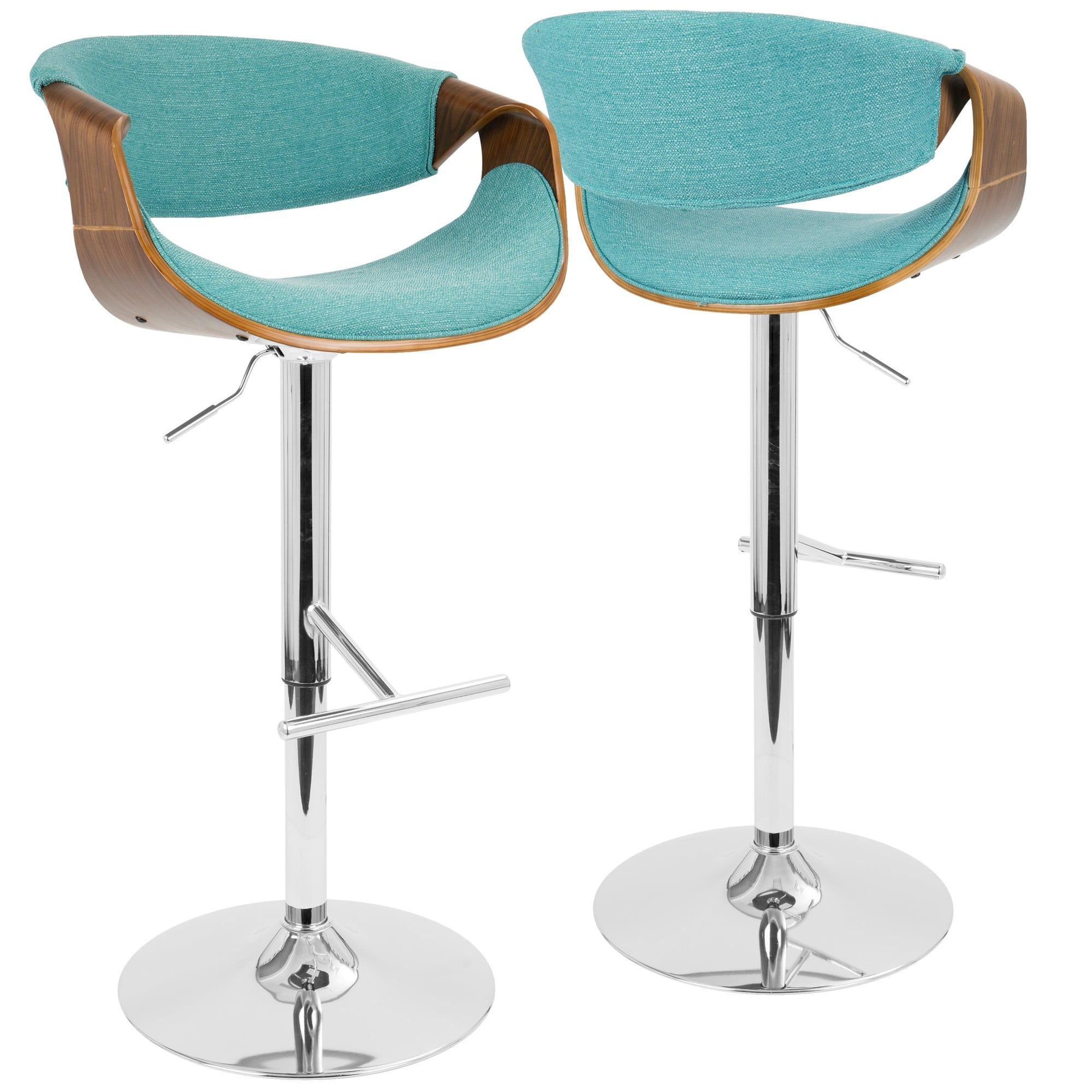 Adjustable Teal and Walnut Swivel Bar Stool with Metal Footrest