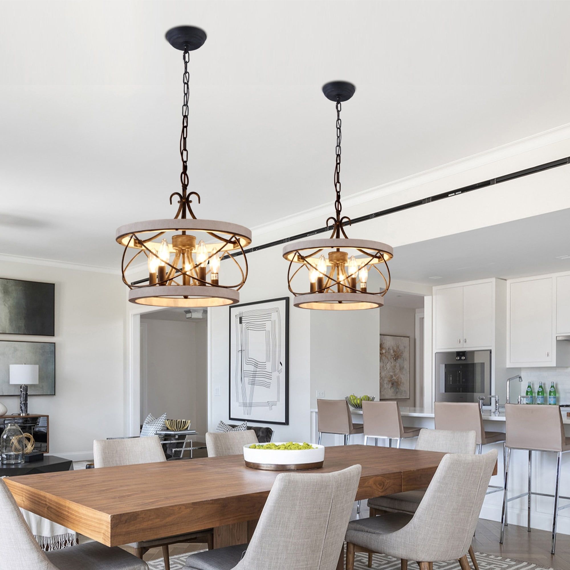 Distressed White Weathered Wood Drum Chandelier with Metal Finish