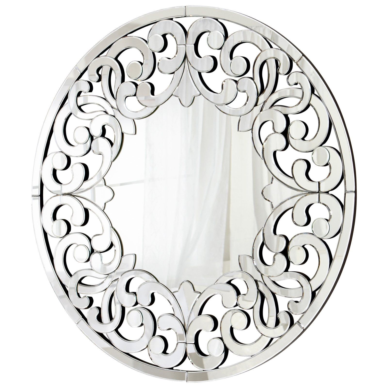 Round Frameless Silver Scrollwork Mirror